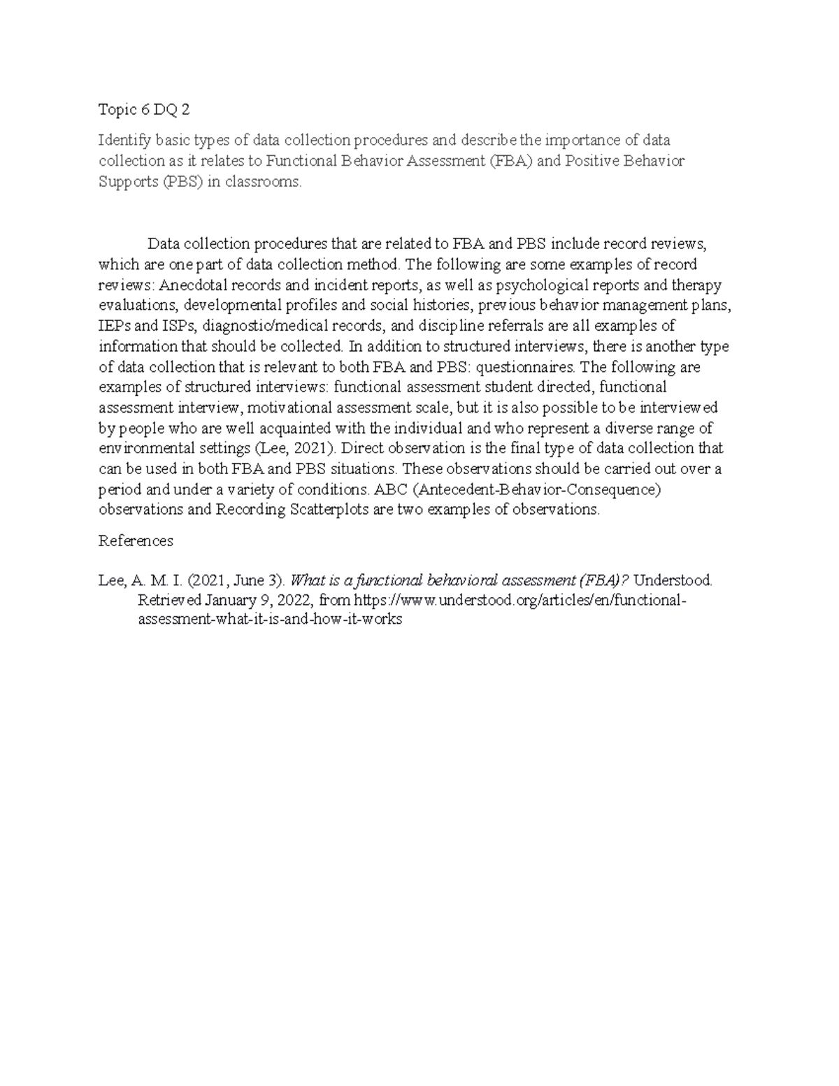 Topic 6 Dq 2 Data Collection For Fba And Pbs In Classrooms Studocu