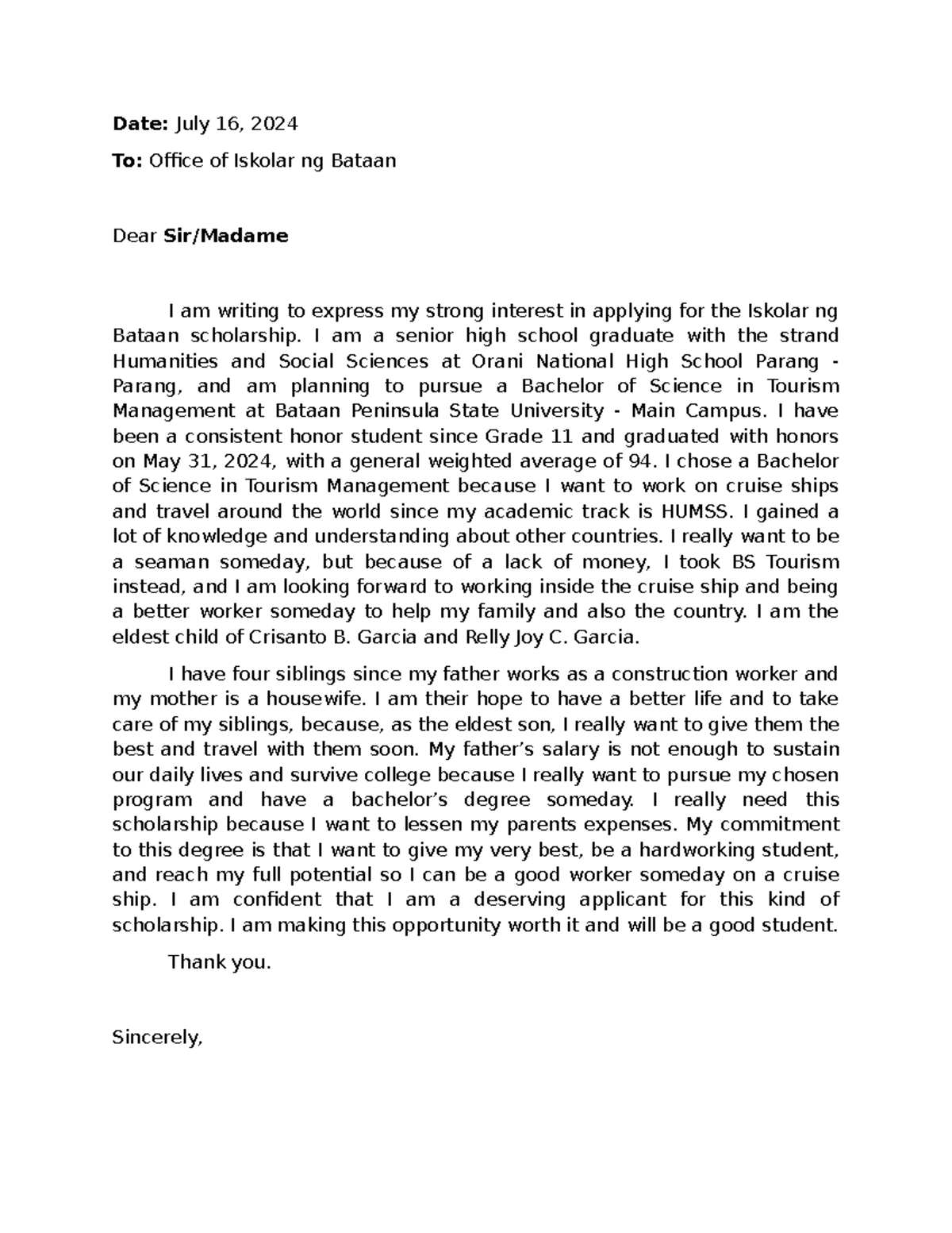Letter of Intent for Iskolar ng Bataan Scholarship Application - Studocu