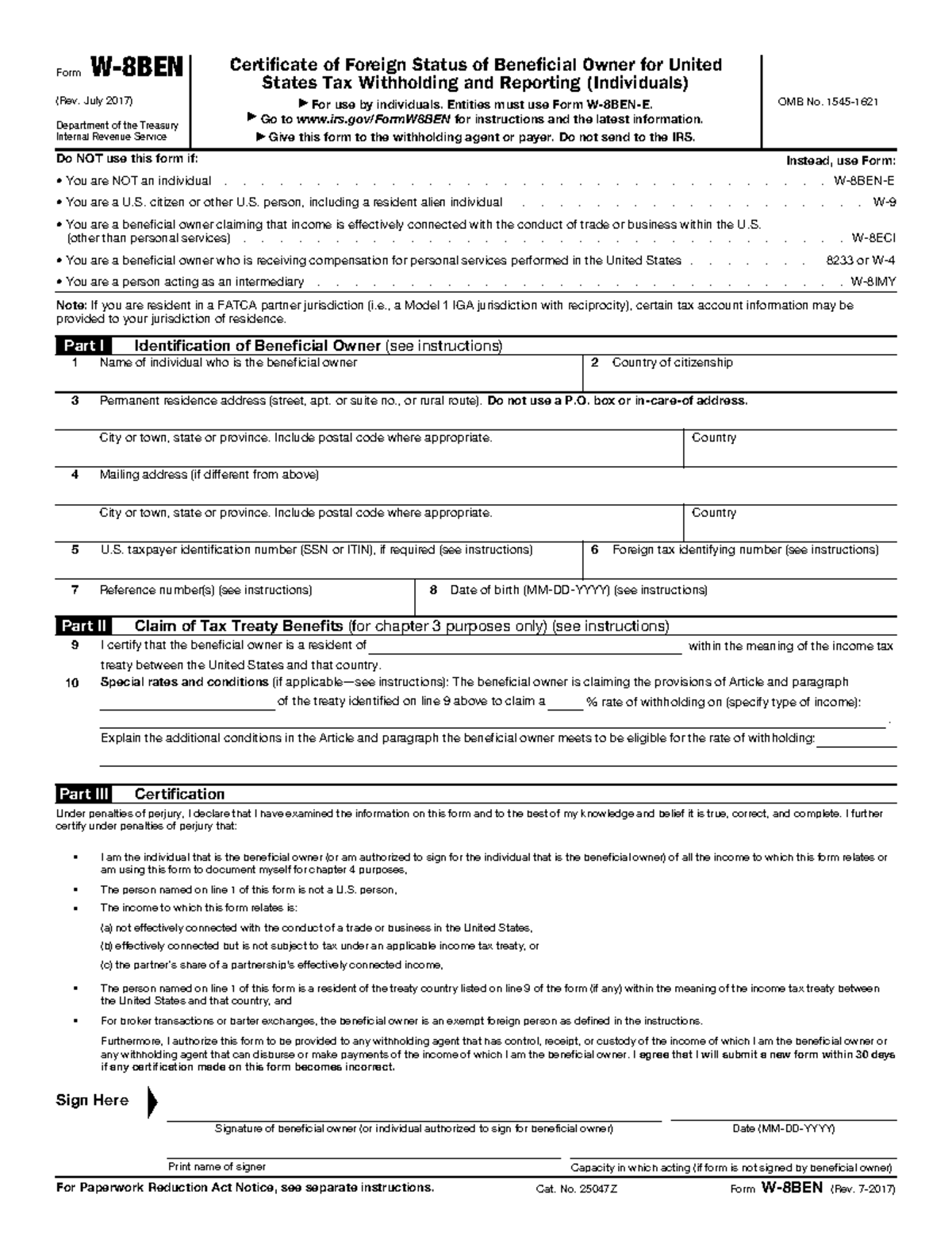 Fw8ben Form: Certificate of Foreign Status for U.S. Tax Withholding ...