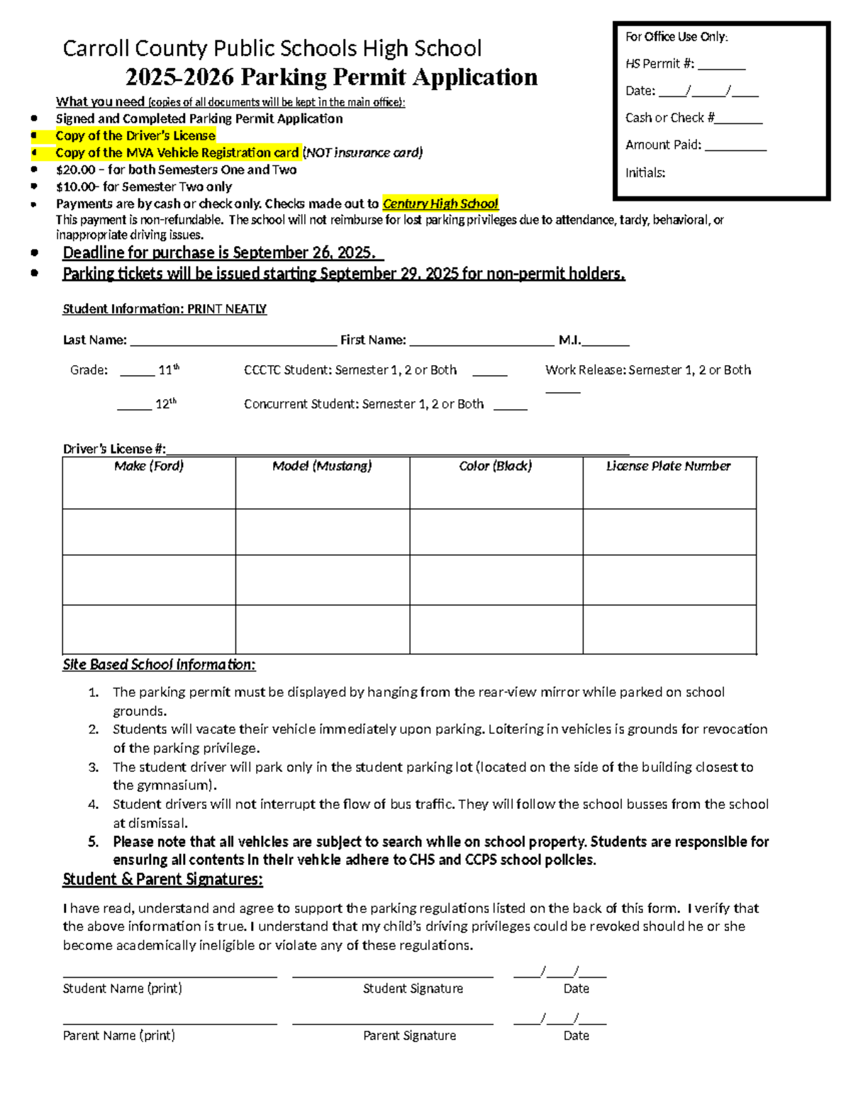 Parking Permit Application Form 2025-2026 for HS Students - Studocu