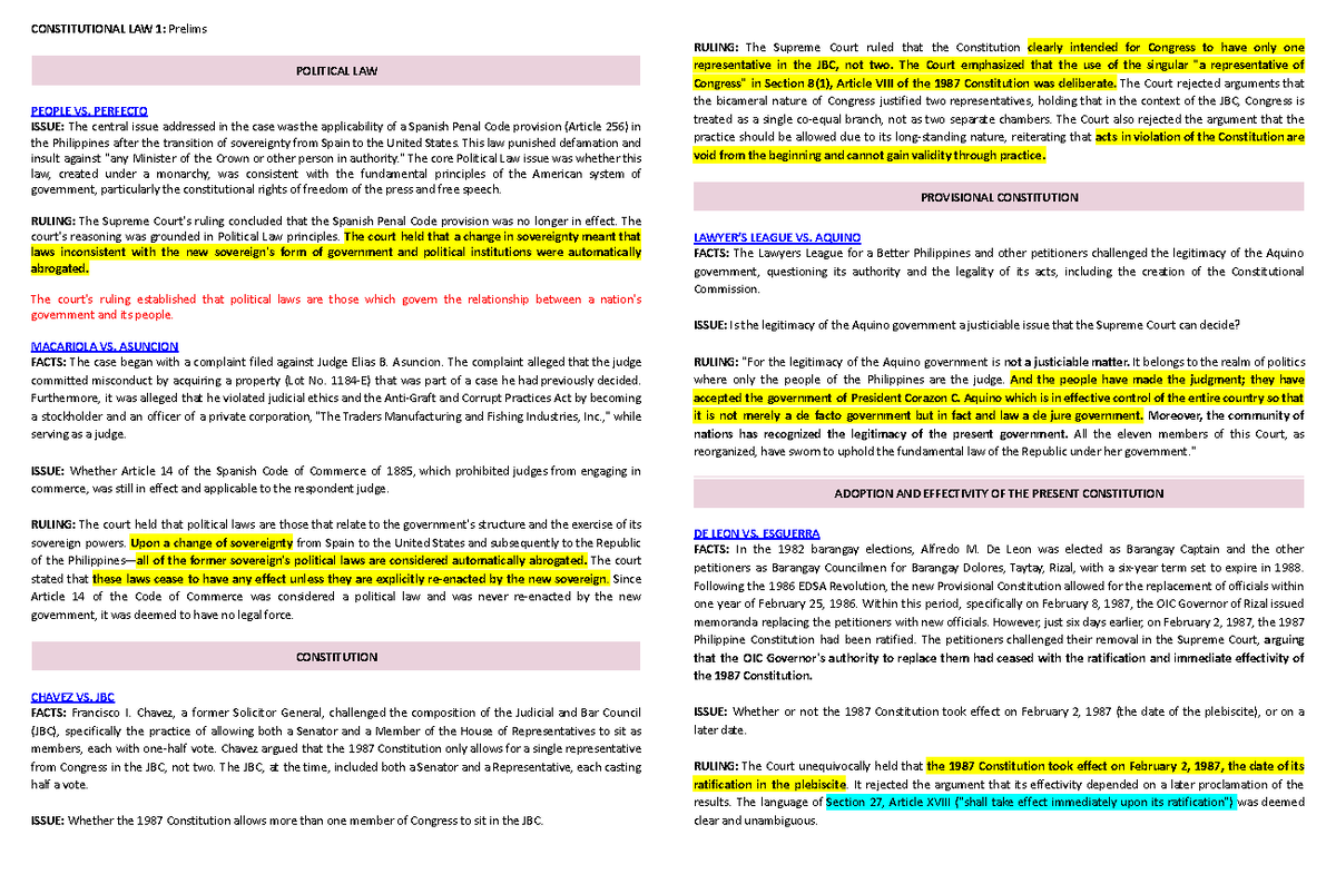 Constitutional Law 1: Prelims Case Summaries and Rulings - Studocu