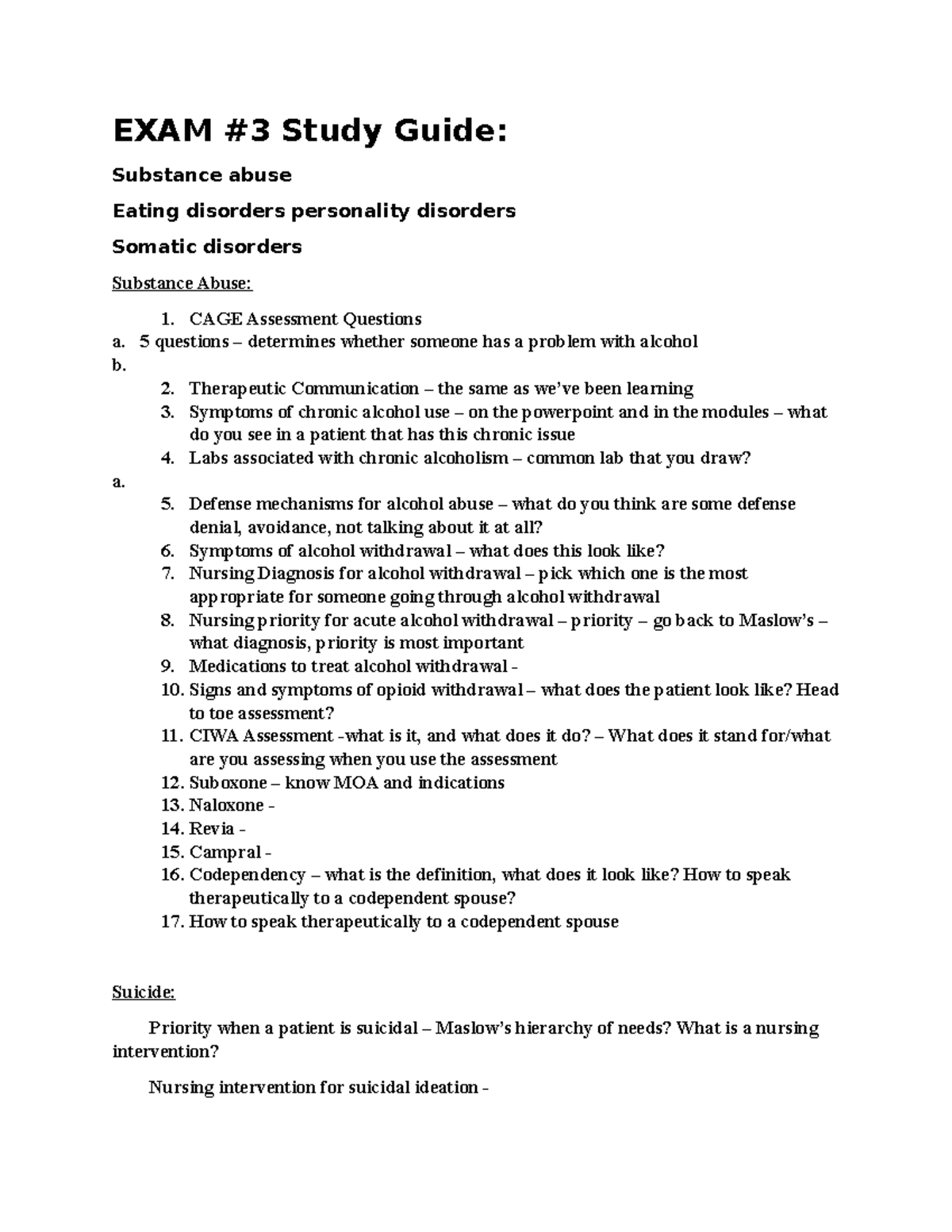 Nursing Exam #3 Study Guide: Substance Abuse & Eating Disorders - Studocu