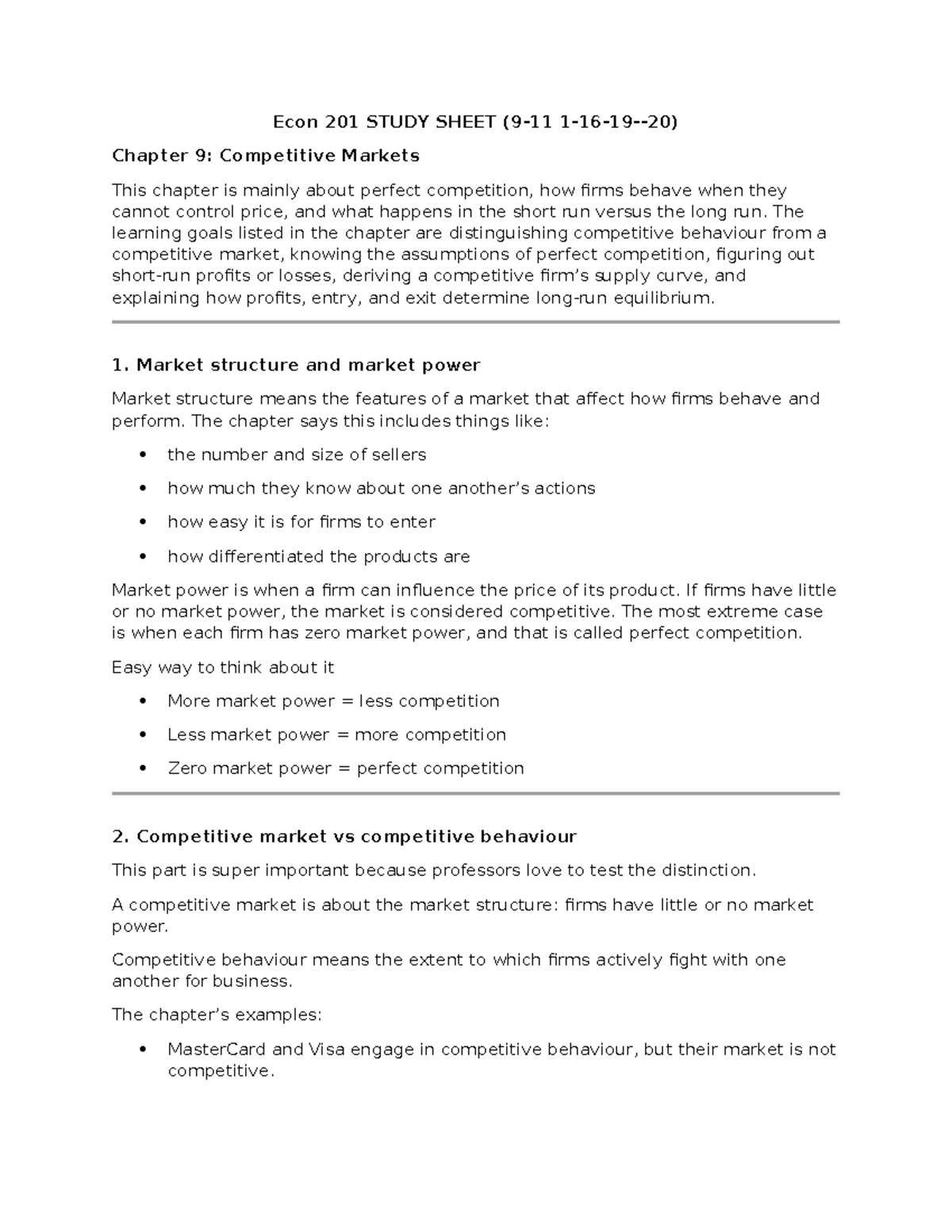 Econ 201 Study Sheet: Chapter 9 - Competitive Markets Overview - Studocu