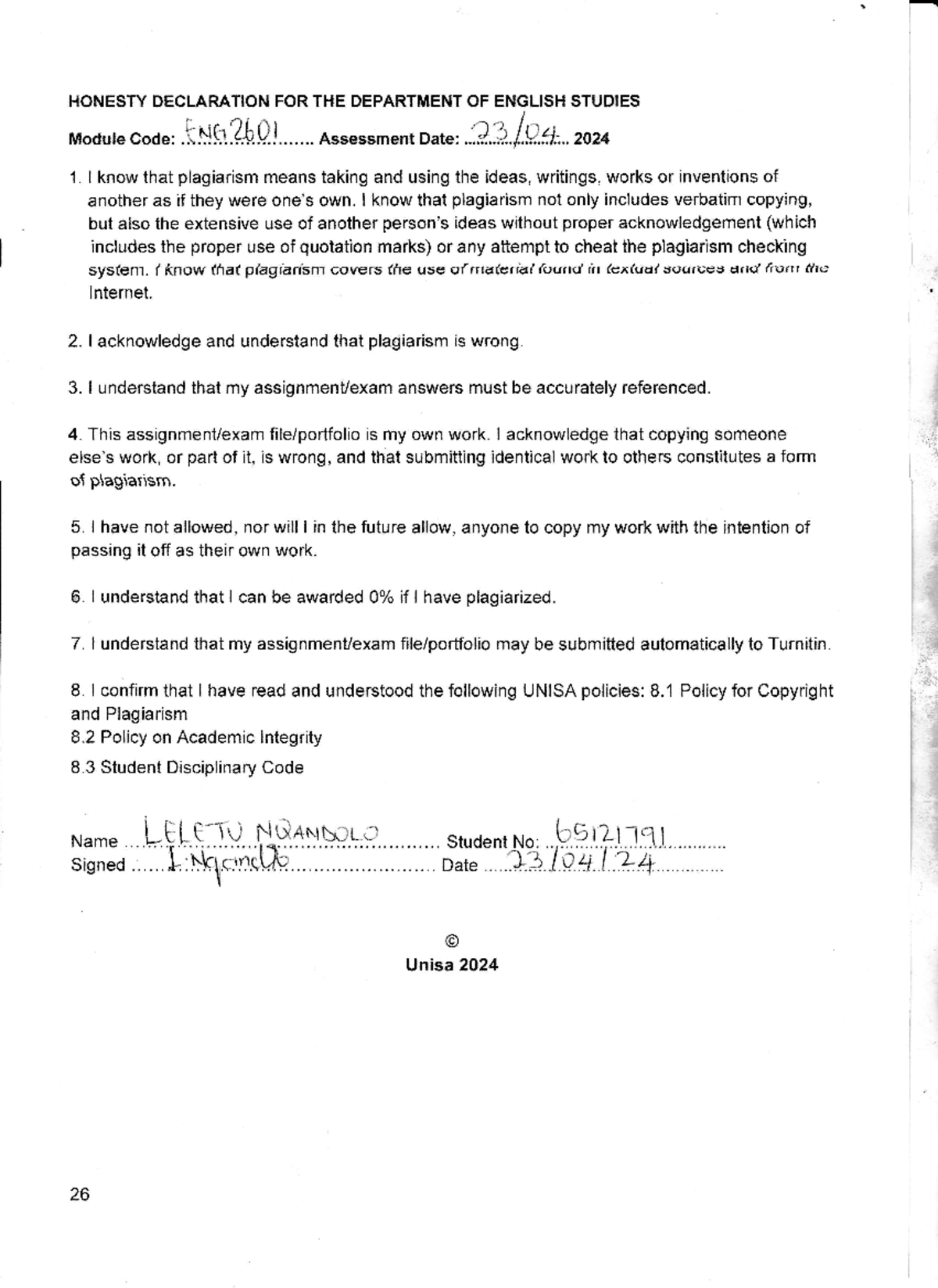 HONESTY DECLARATION - ENG Module Assessment for 2024 - Studocu