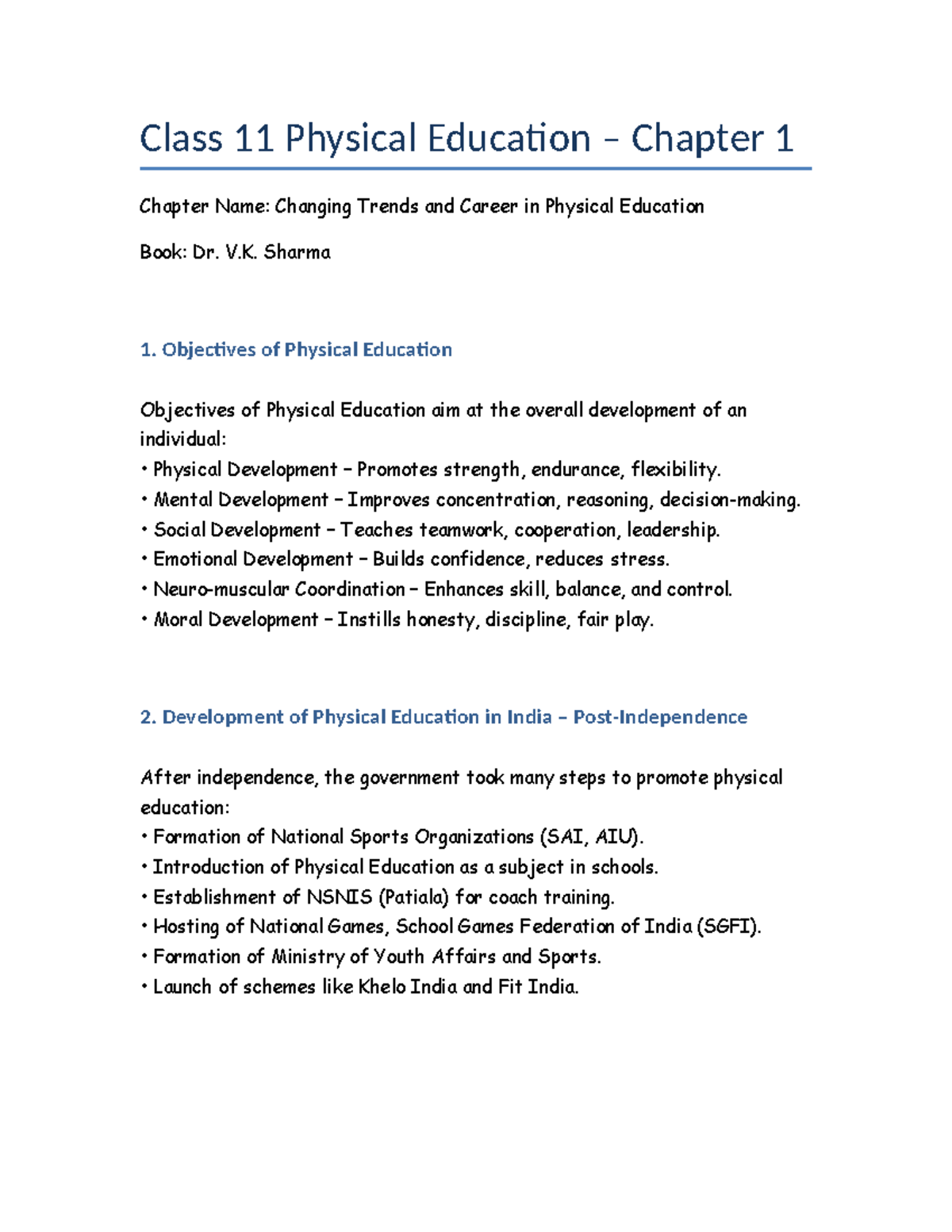 Class 11 PE Chapter 1: Changing Trends & Careers in PE Notes - Studocu
