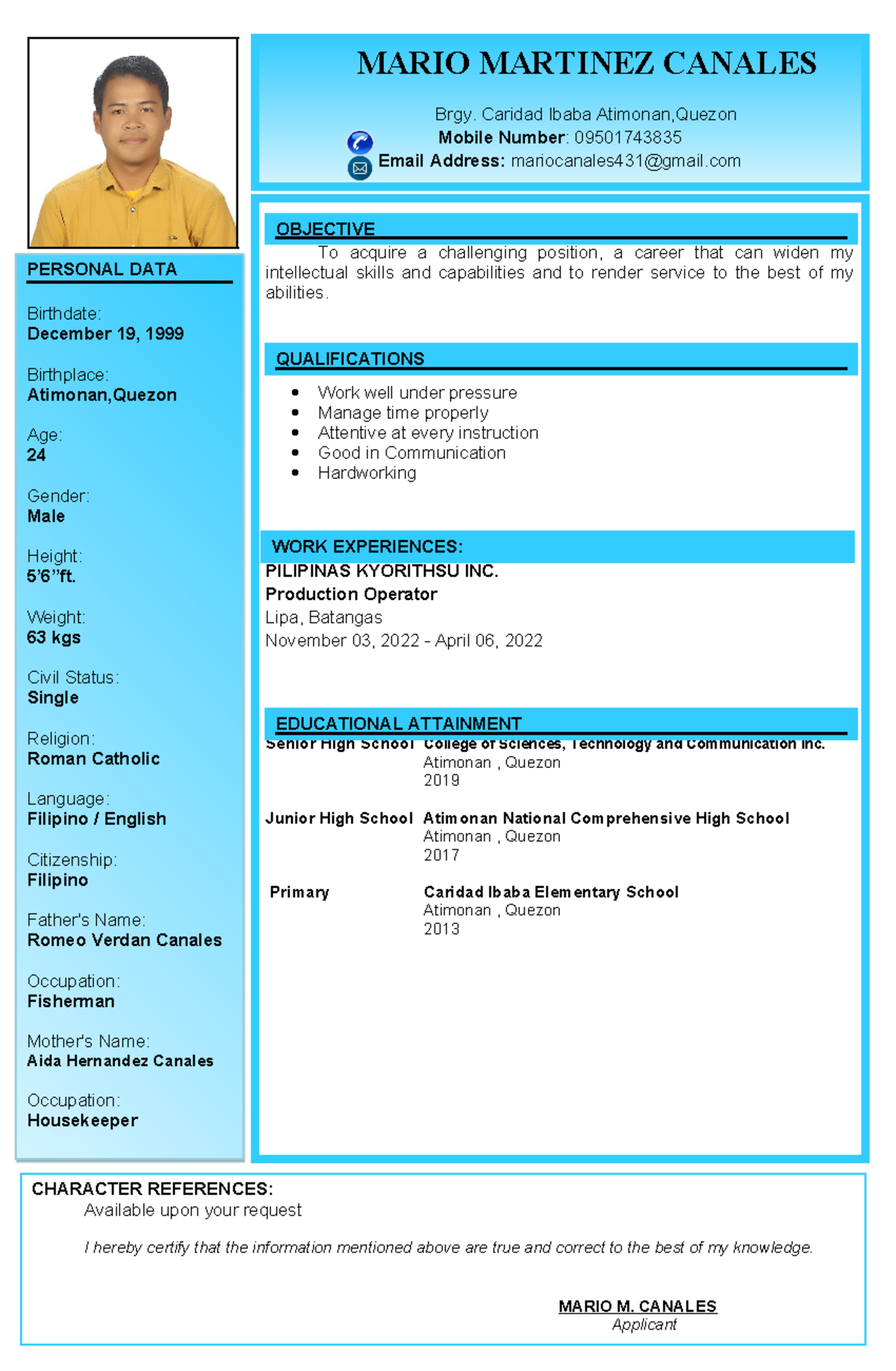Mario- Canales- Resume - MARIO MARTINEZ CANALES Brgy. Caridad Ibaba ...