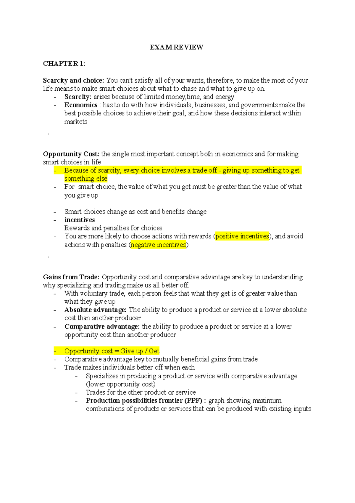 Microeconomics final Notes - EXAM REVIEW CHAPTER 1: Scarcity and choice ...