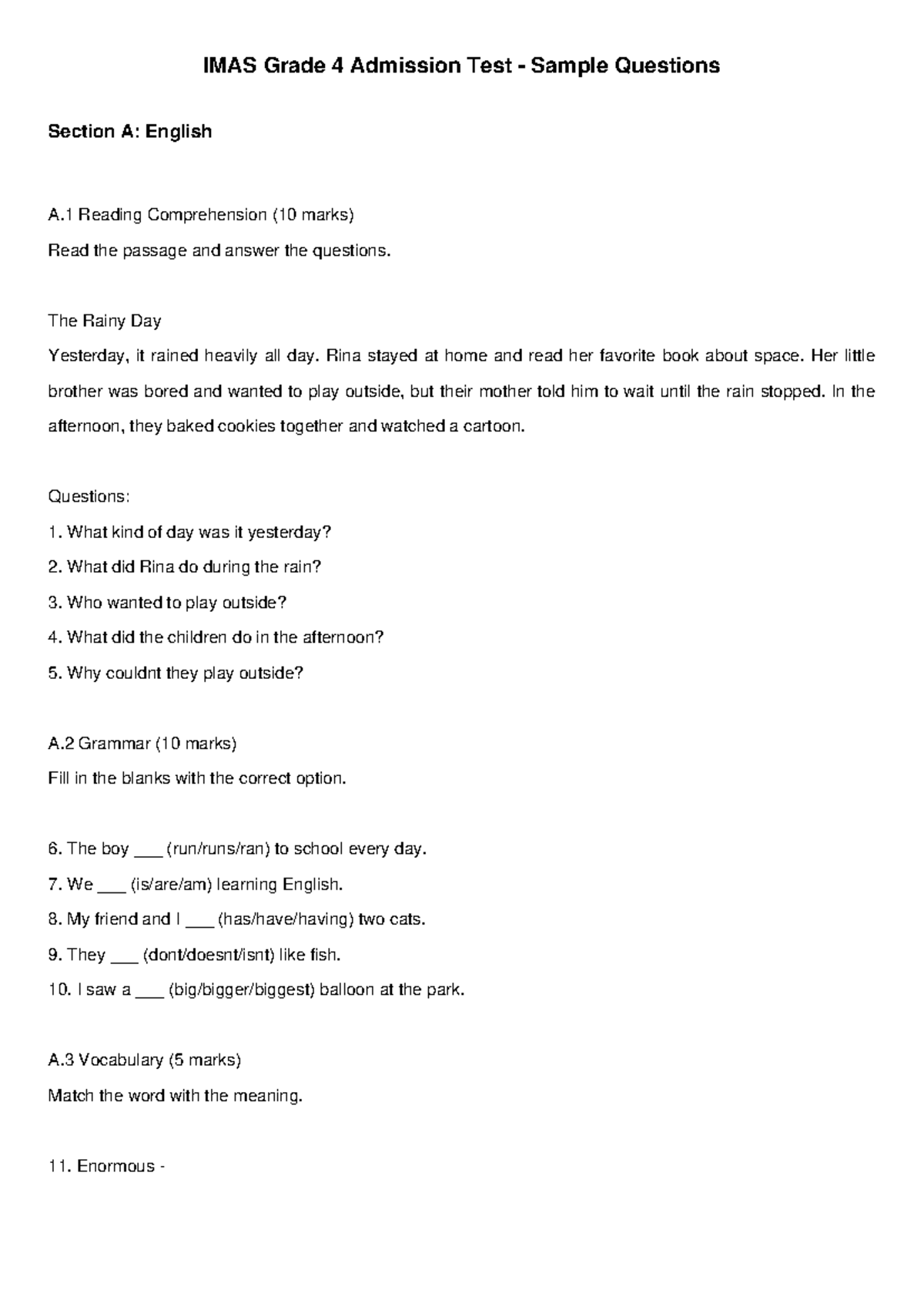 IMAS Grade 4 Admission Test Sample Questions and Answers - Studocu