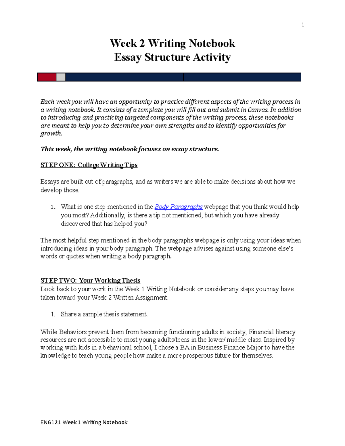 ENG 121 Week 2 Writing Notebook: Essay Structure Activity - Studocu