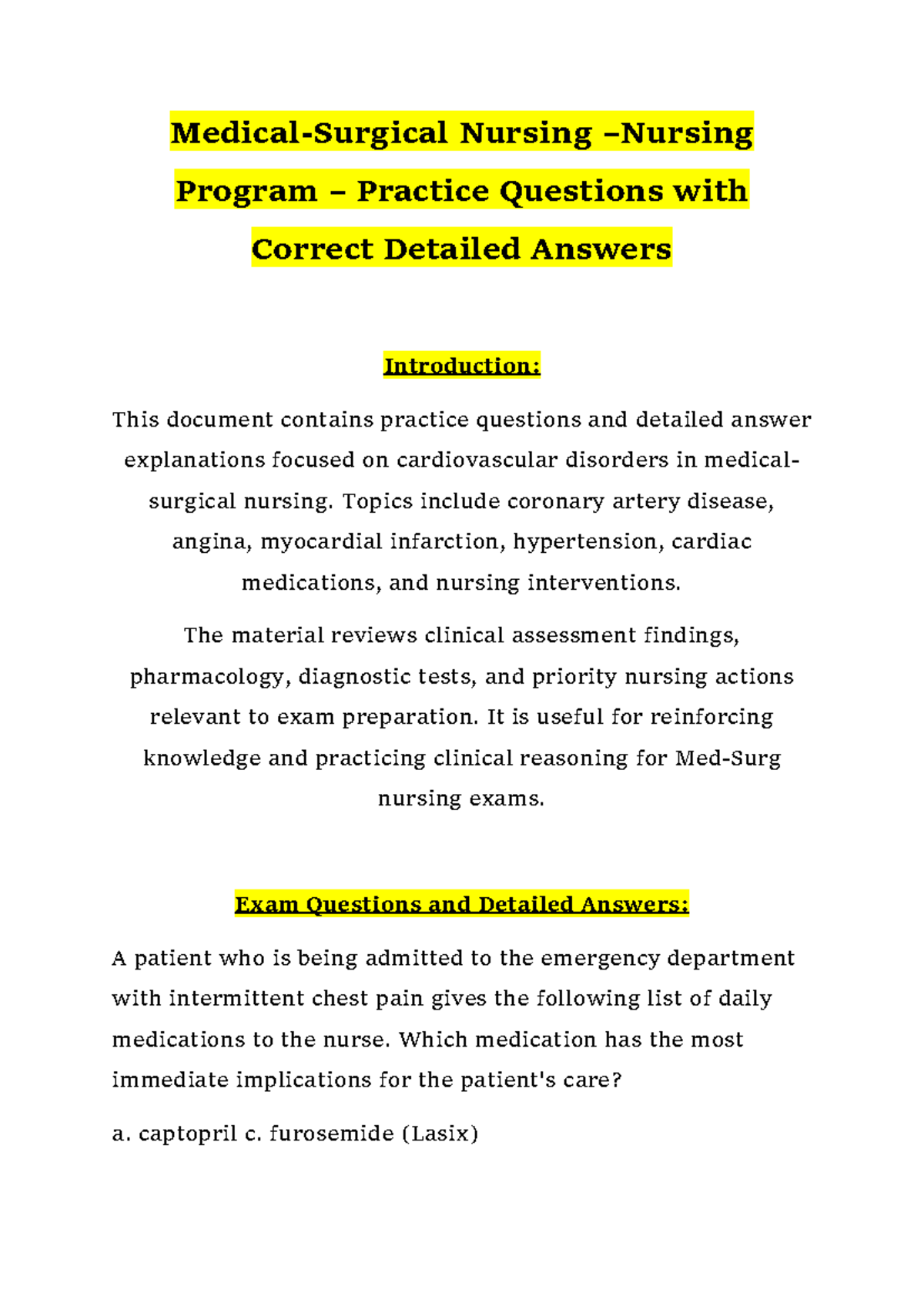 Medical-Surgical Nursing (NURS 101) - Cardiovascular Practice Questions ...