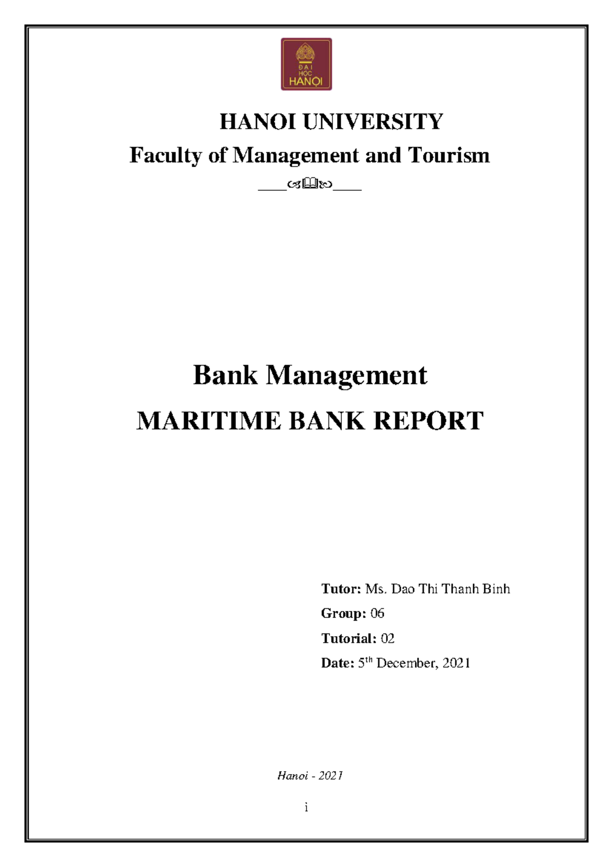BMA21 TUT 2 Group 6 MSB report - i HANOI UNIVERSITY Faculty of ...