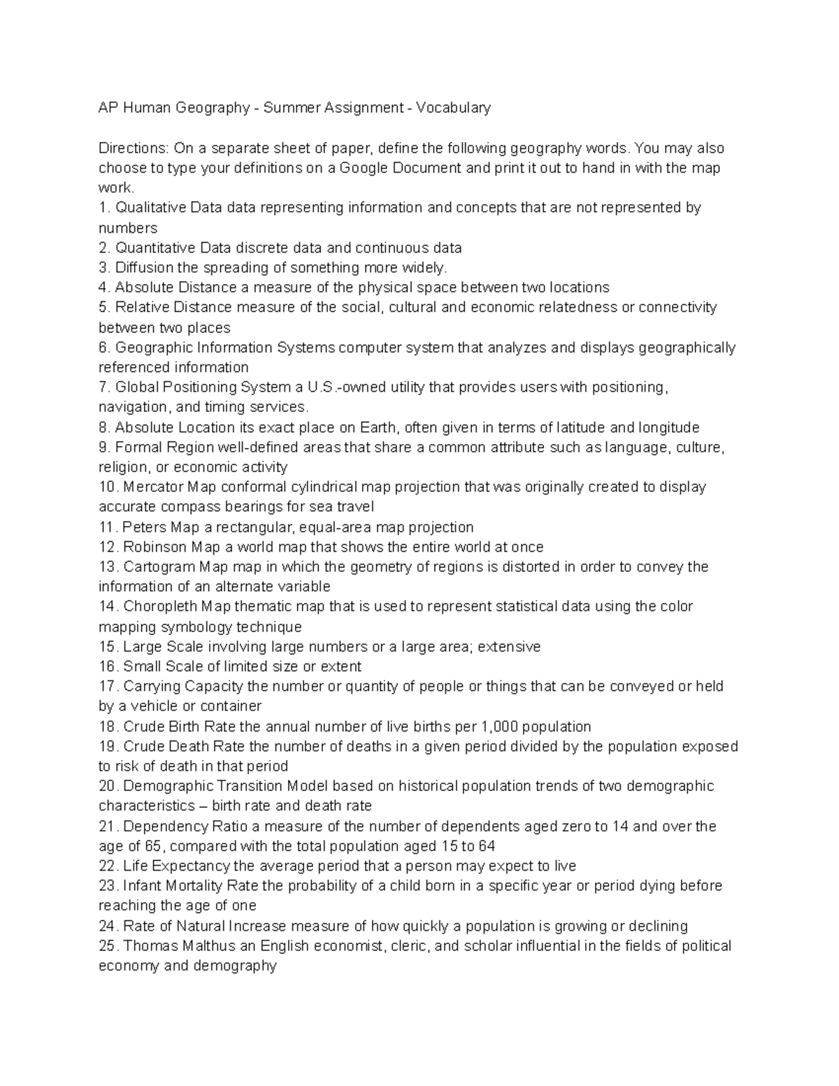 AP Human Geography - Summer Assignment Vocabulary Definitions - Studocu