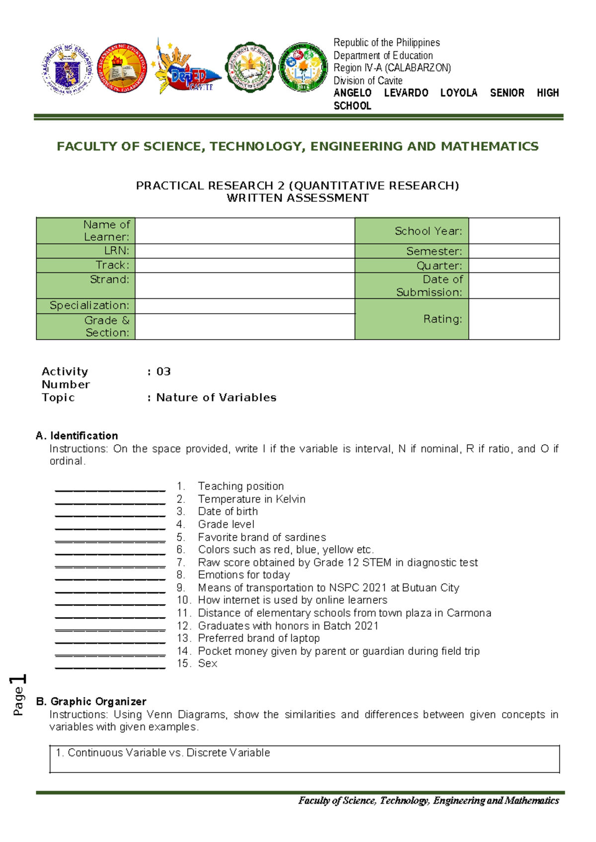 PR2 Written Activity No - Page 1 Department of Education Region IV-A ...