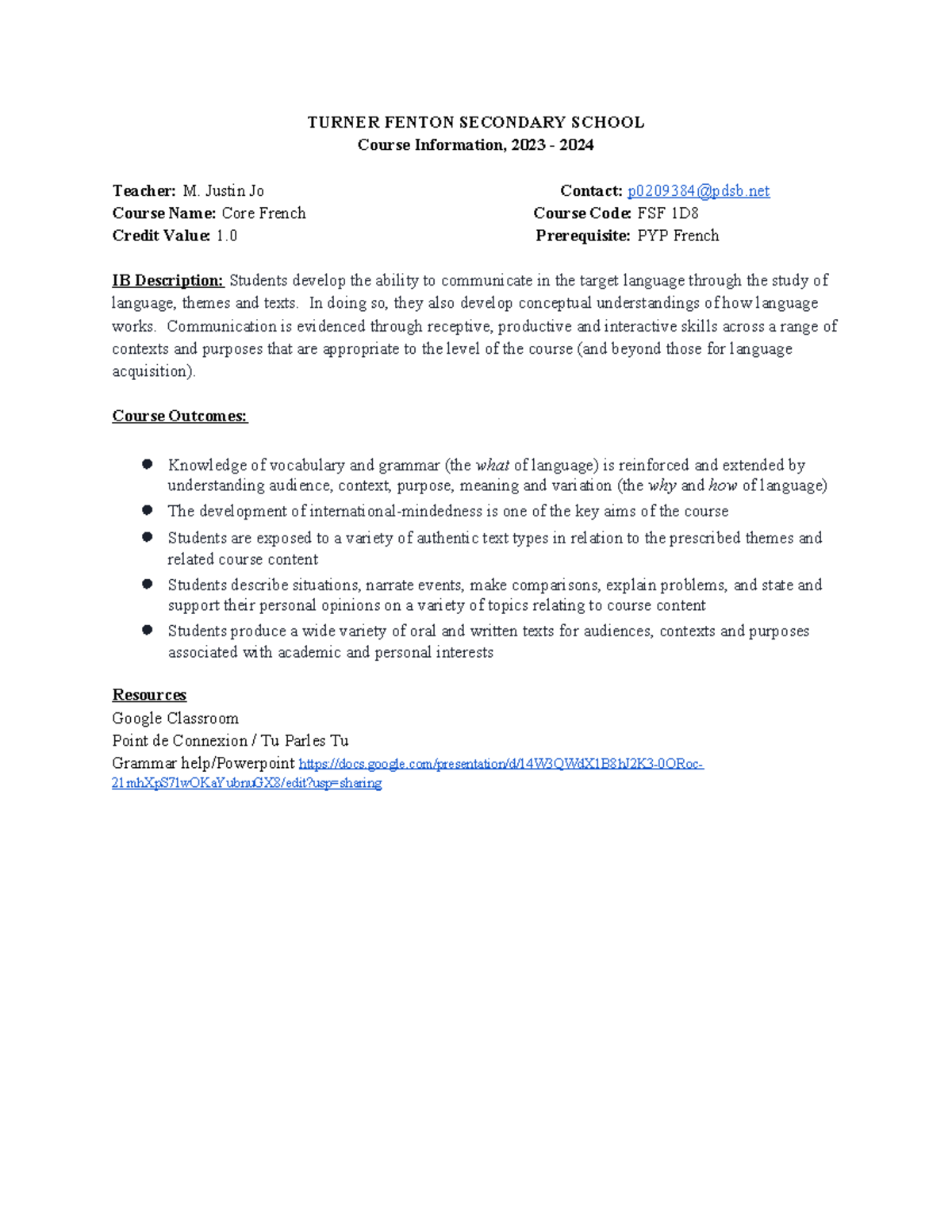 Grade 9 FSF 1D MYP Course Syllabus for Core French, 2023-2024 - Studocu