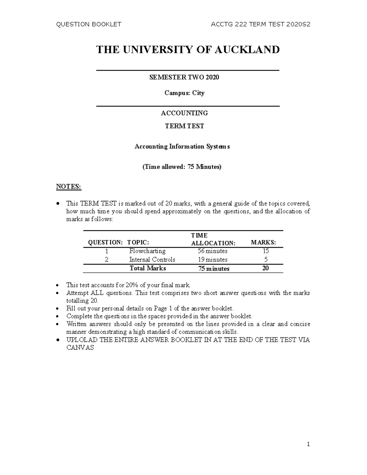 ACCTG 222 2020 S2 Test Questions - QUESTION BOOKLET ACCTG 222 TERM TEST ...