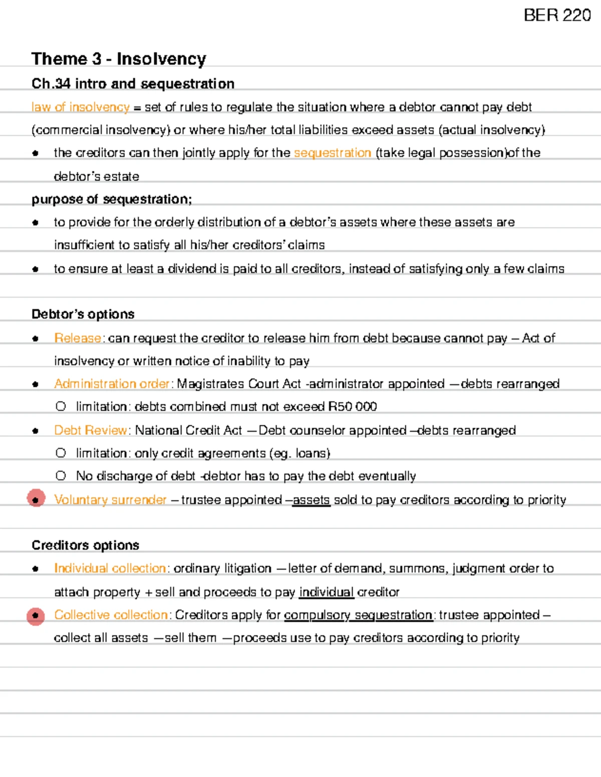 BER 220 Summary of Themes 2 and 4: Suretyship and Labour Law Insights ...