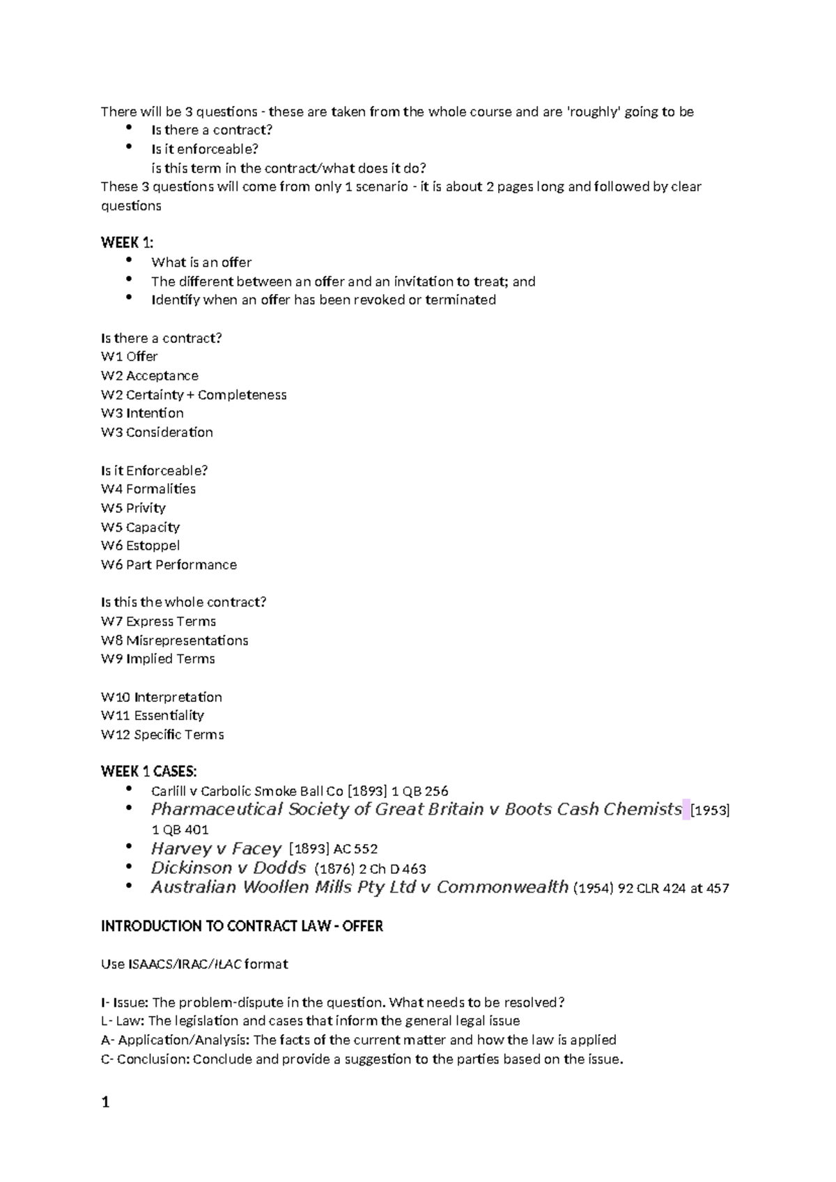 Contract Law Exam Notes: Key Concepts and Case Summaries (LAW101) - Studocu