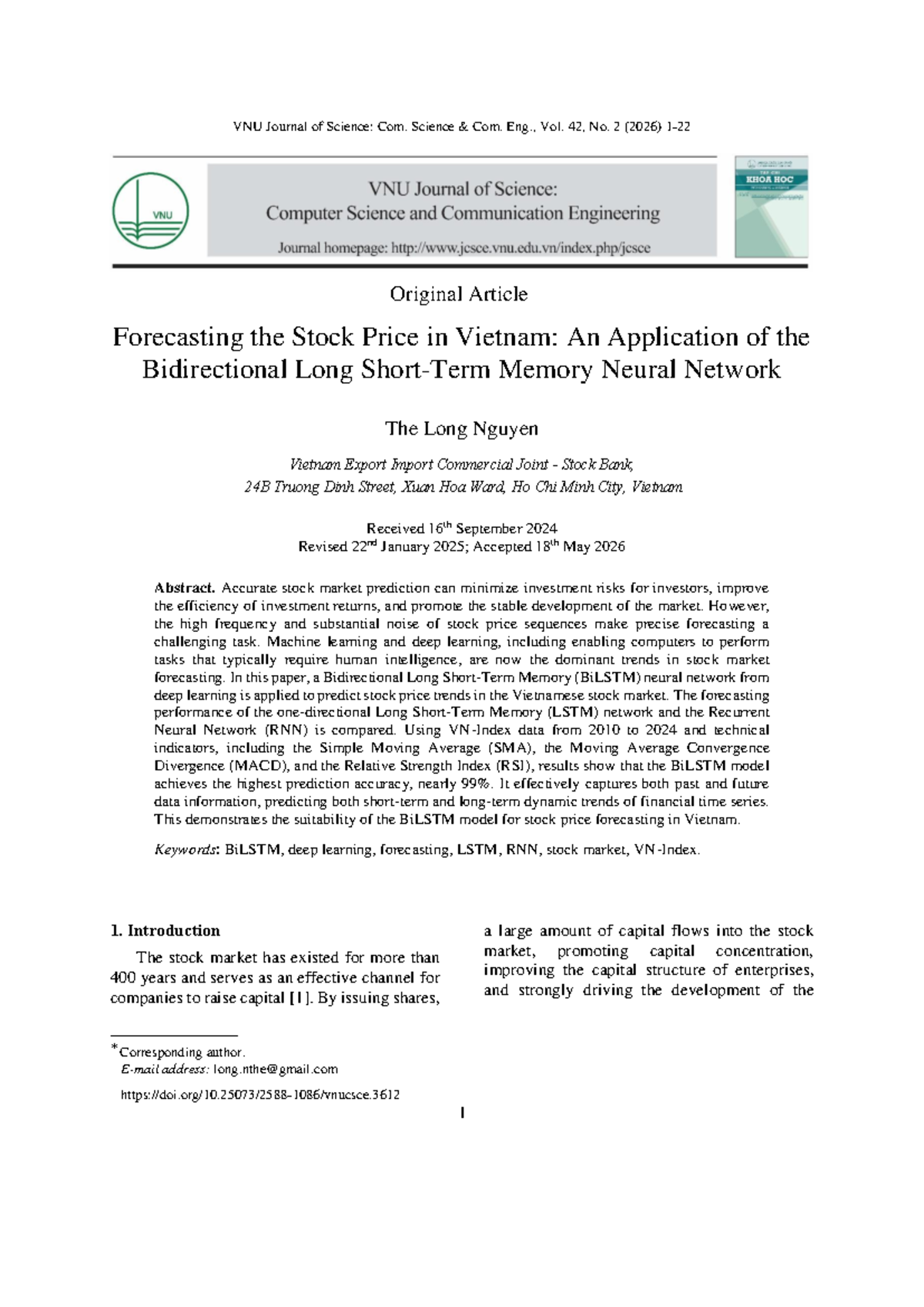 Forecasting Stock Prices in Vietnam Using BiLSTM: VNU Journal of ...