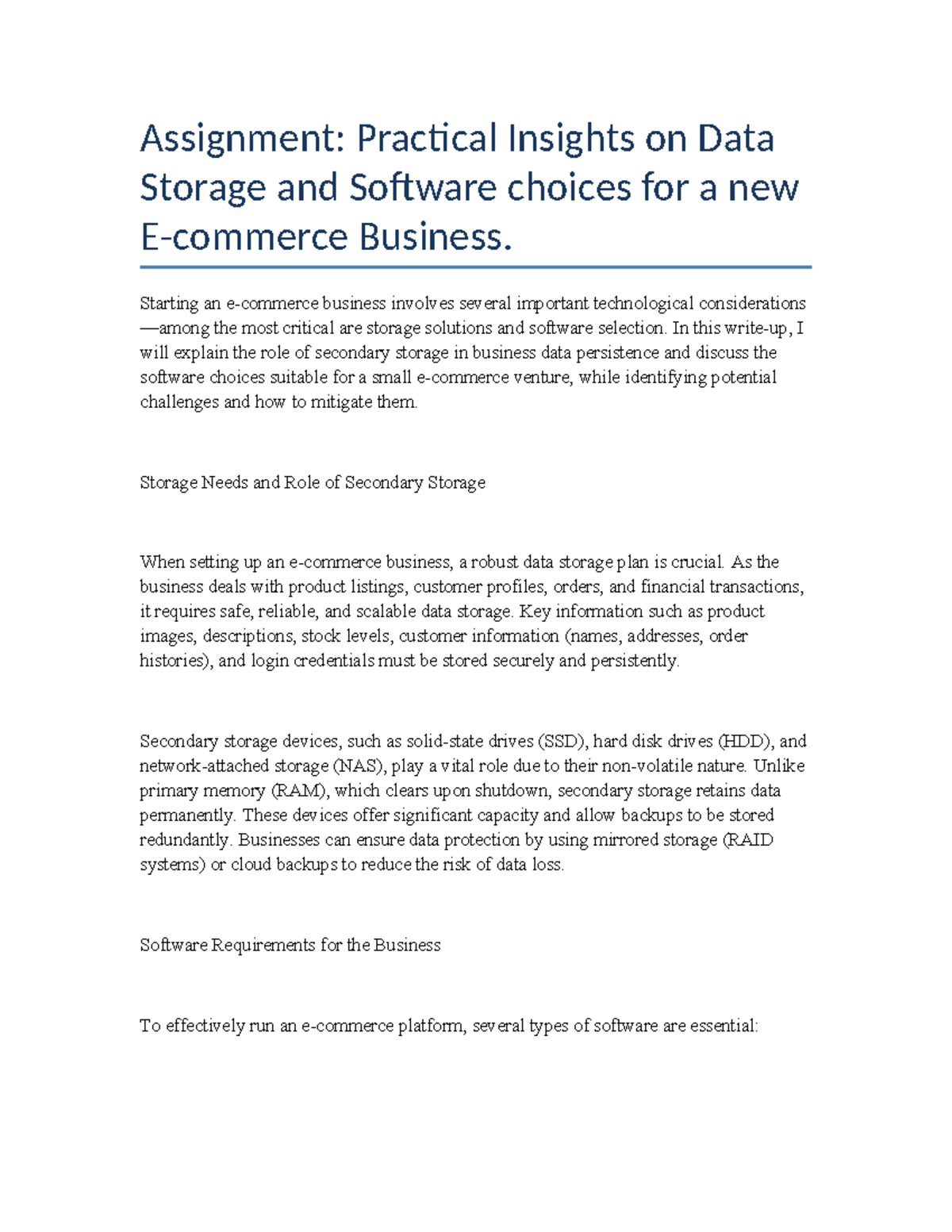 Ecommerce Assignment: Data Storage & Software Choices for Startups ...