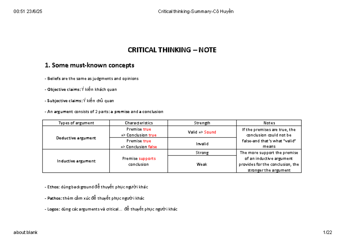 Critical Thinking Summary - Cô Huyền (Course Code: CT101) - Studocu