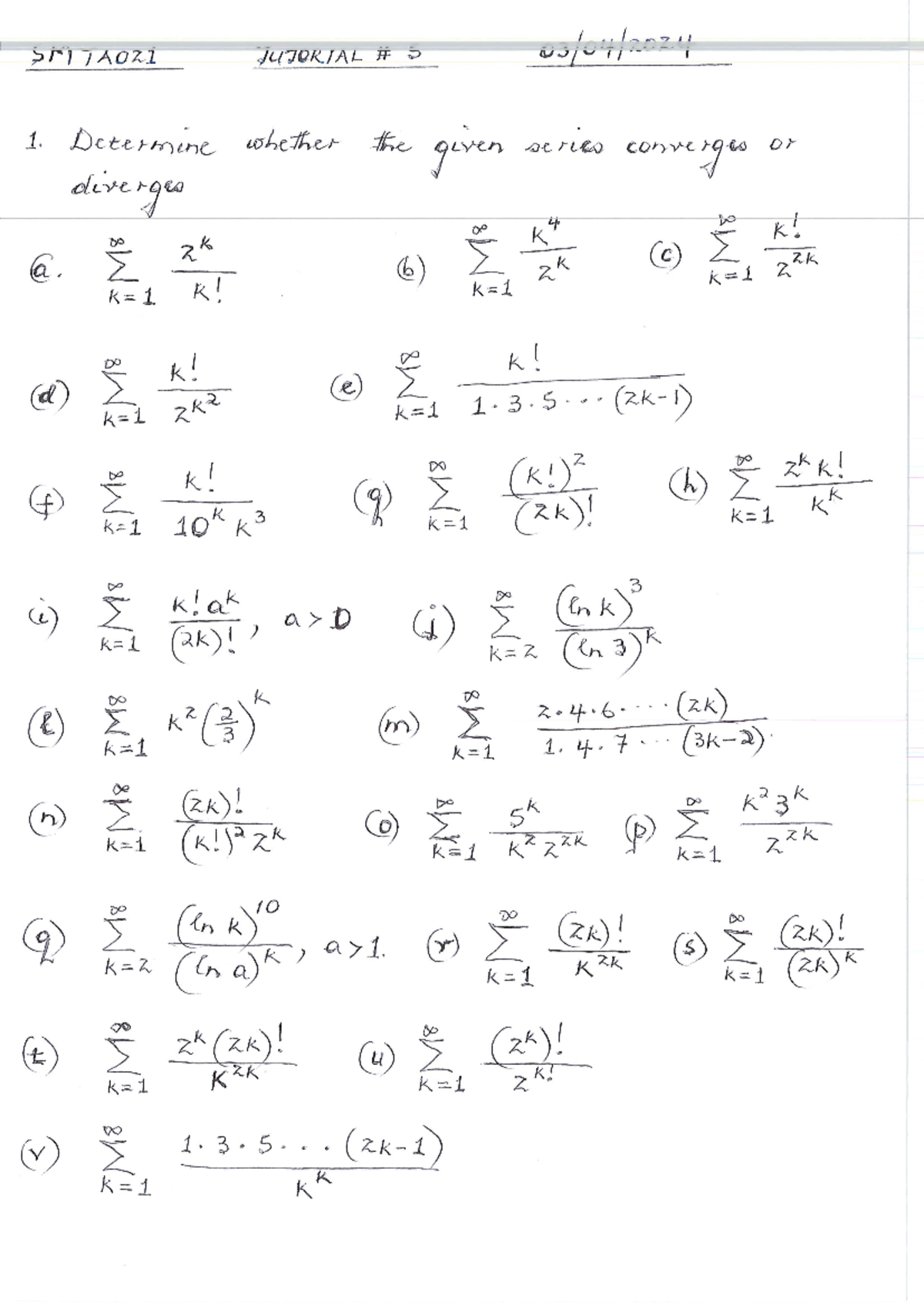 SMTA021 Tutorial 5: Series Convergence and Divergence Analysis - Studocu