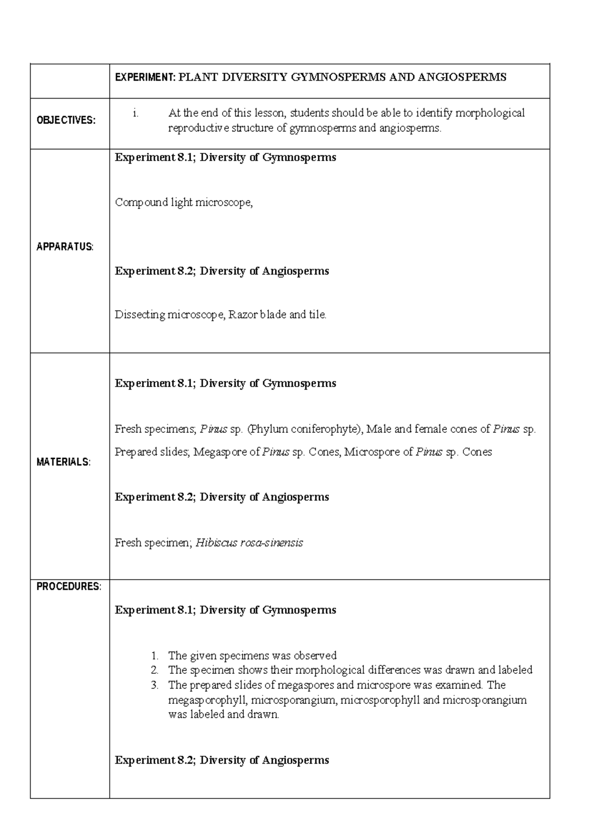 Post Lab Experiment 8: Plant Diversity in Gymnosperms & Angiosperms ...
