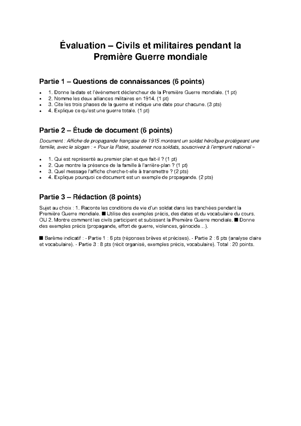 Évaluation Histoire 101: Civils et Militaires WWI - Questions et ...