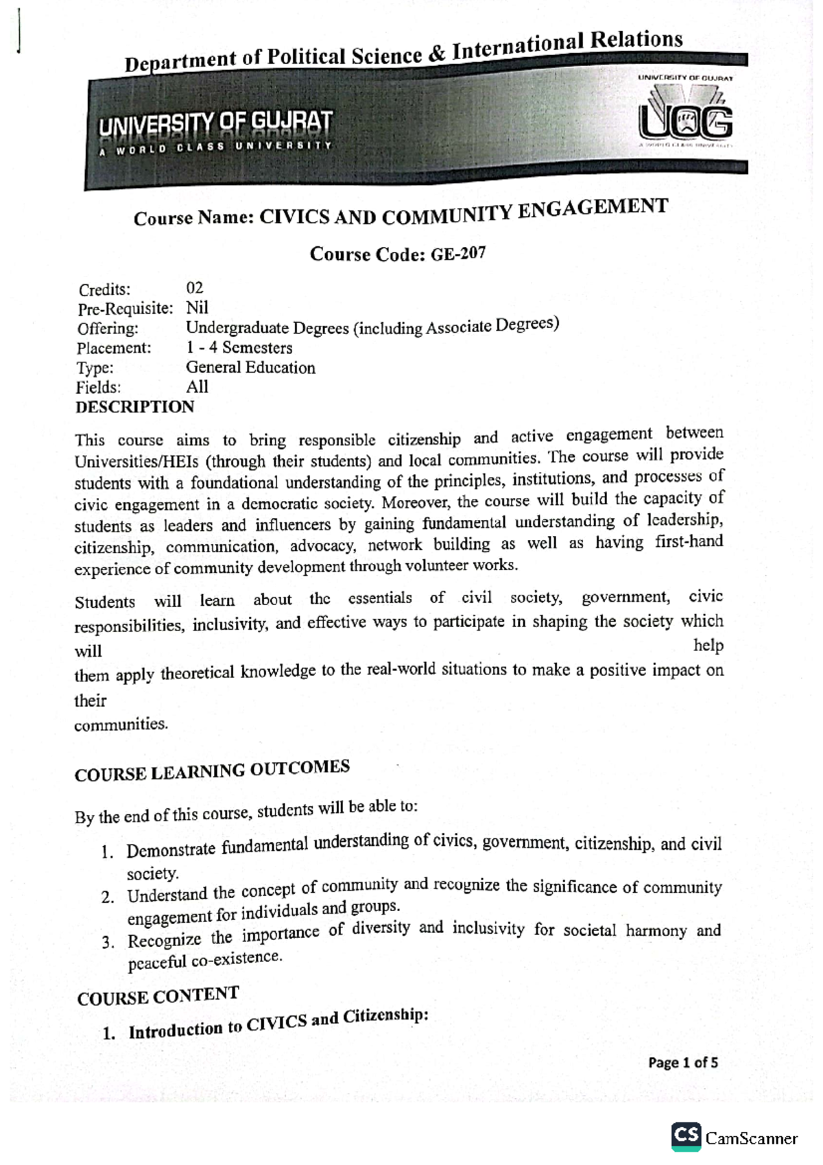 GE-207 Civics & Community Engagement: Course Overview and Learning ...