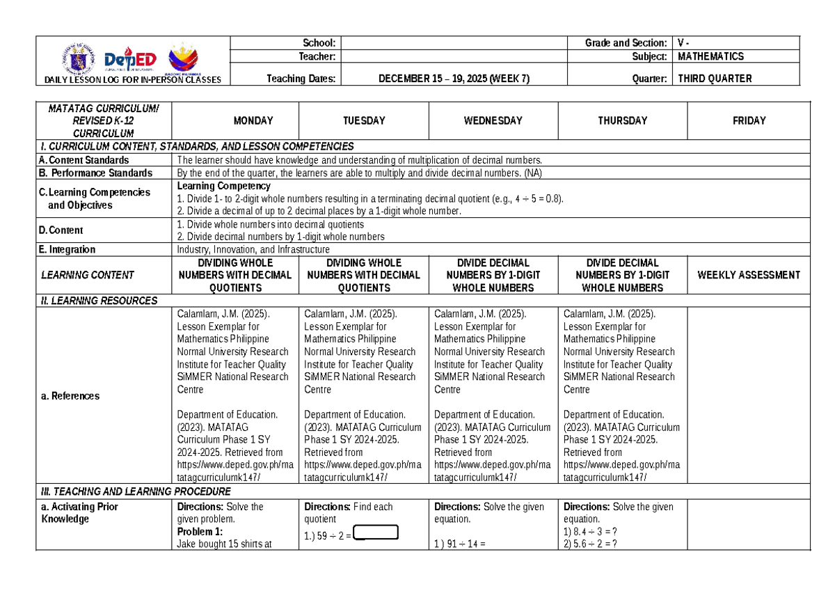 G5 MATH DLL Q3 W7: Daily Lesson Log for Mathematics - Studocu