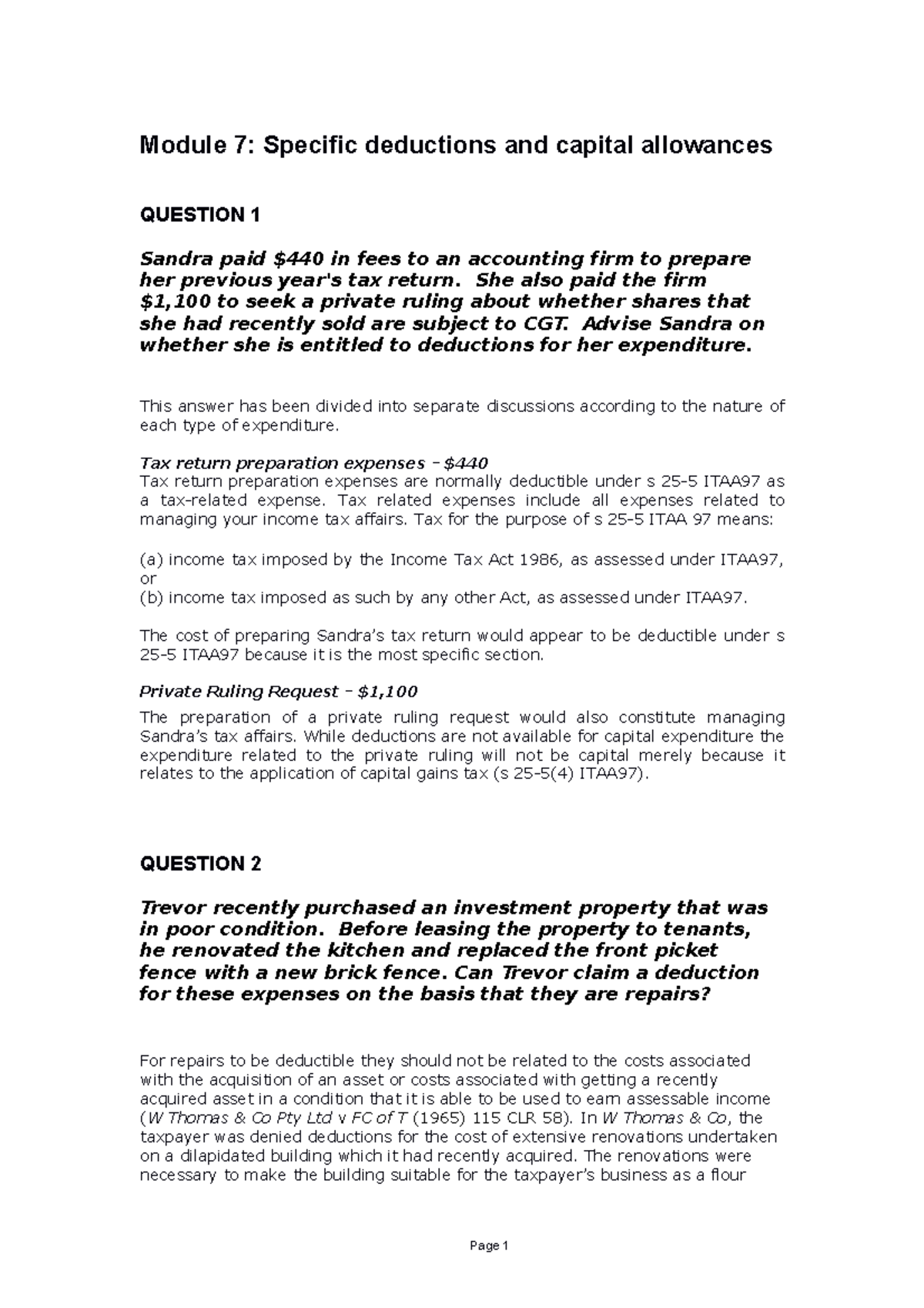 Module 7 - Study Questions and Answer Guide for Tax Deductions - Studocu