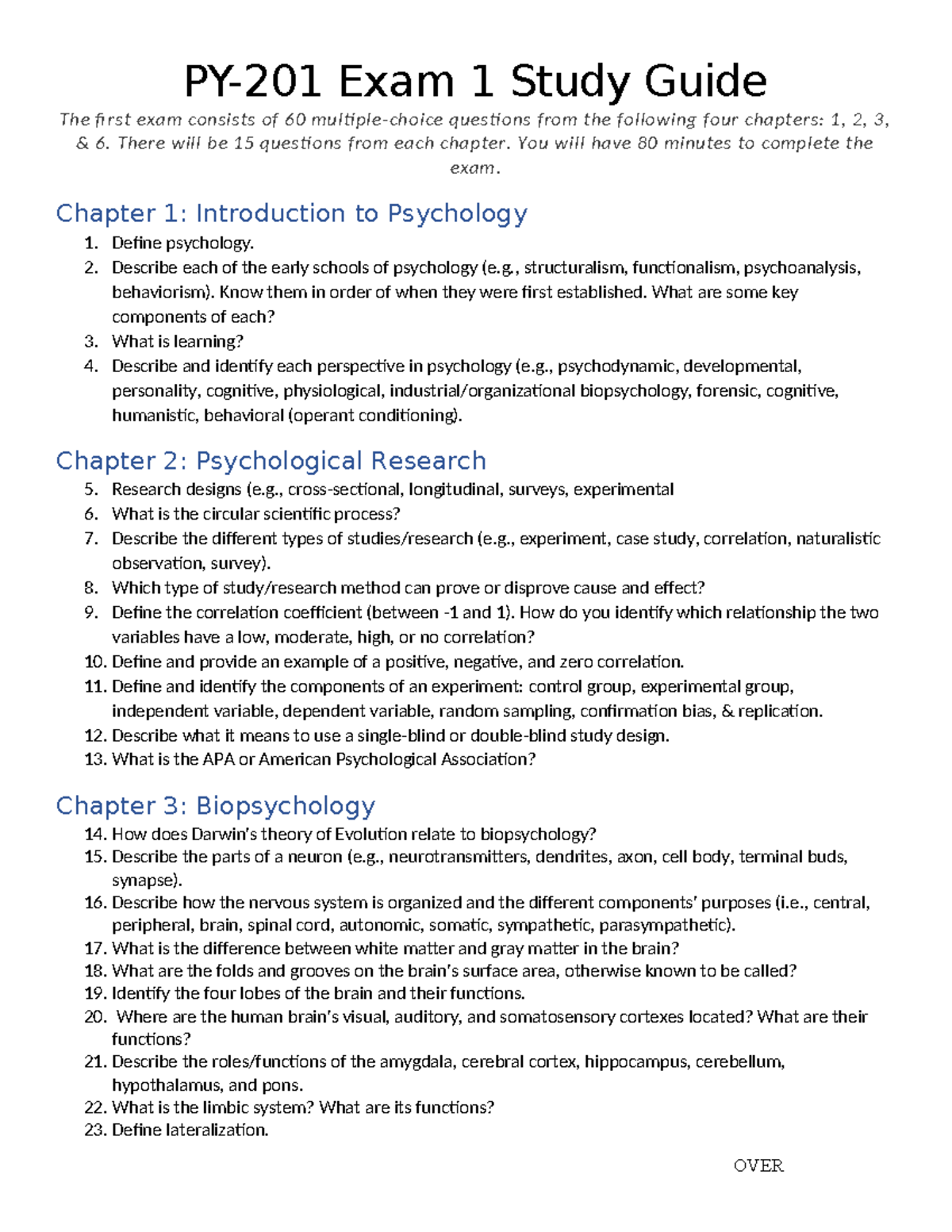 GRCC Psyc 201 Exam 1 Review Sheet: Chapters 1, 2, 3, & 6 - Fall 2024 ...