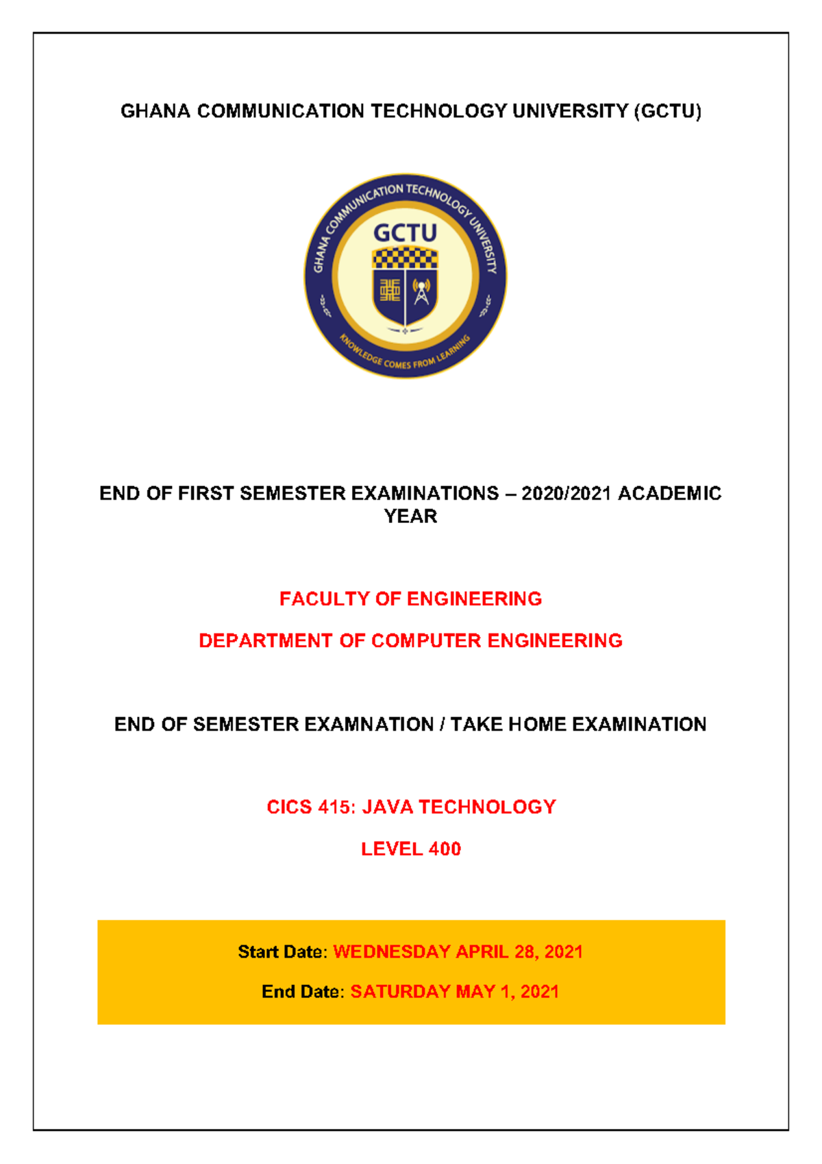 CICS-415 End of Semester Examination on Java Technology - Studocu