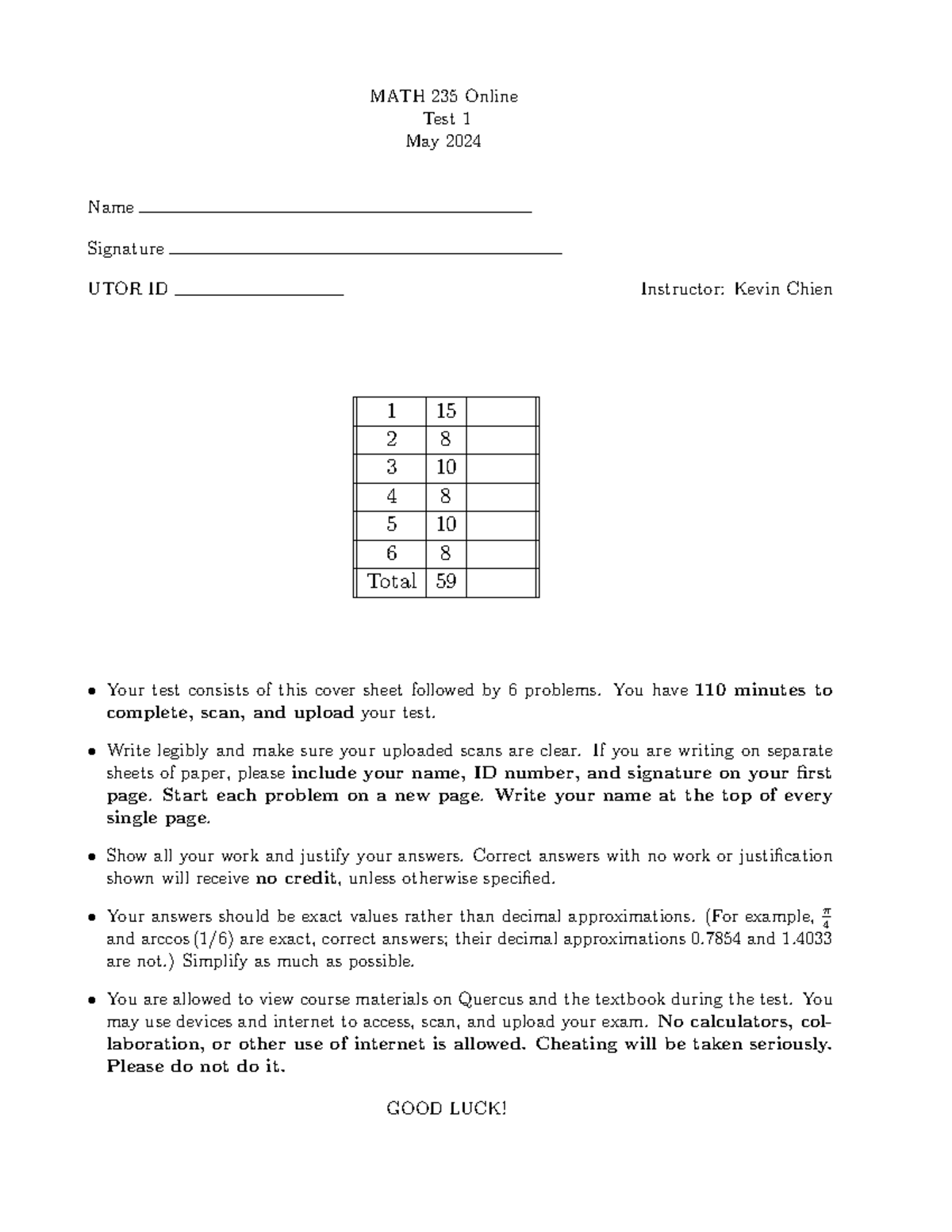 MATH 235 Practice Test 1B - May 2024 Exam Preparation - Studocu