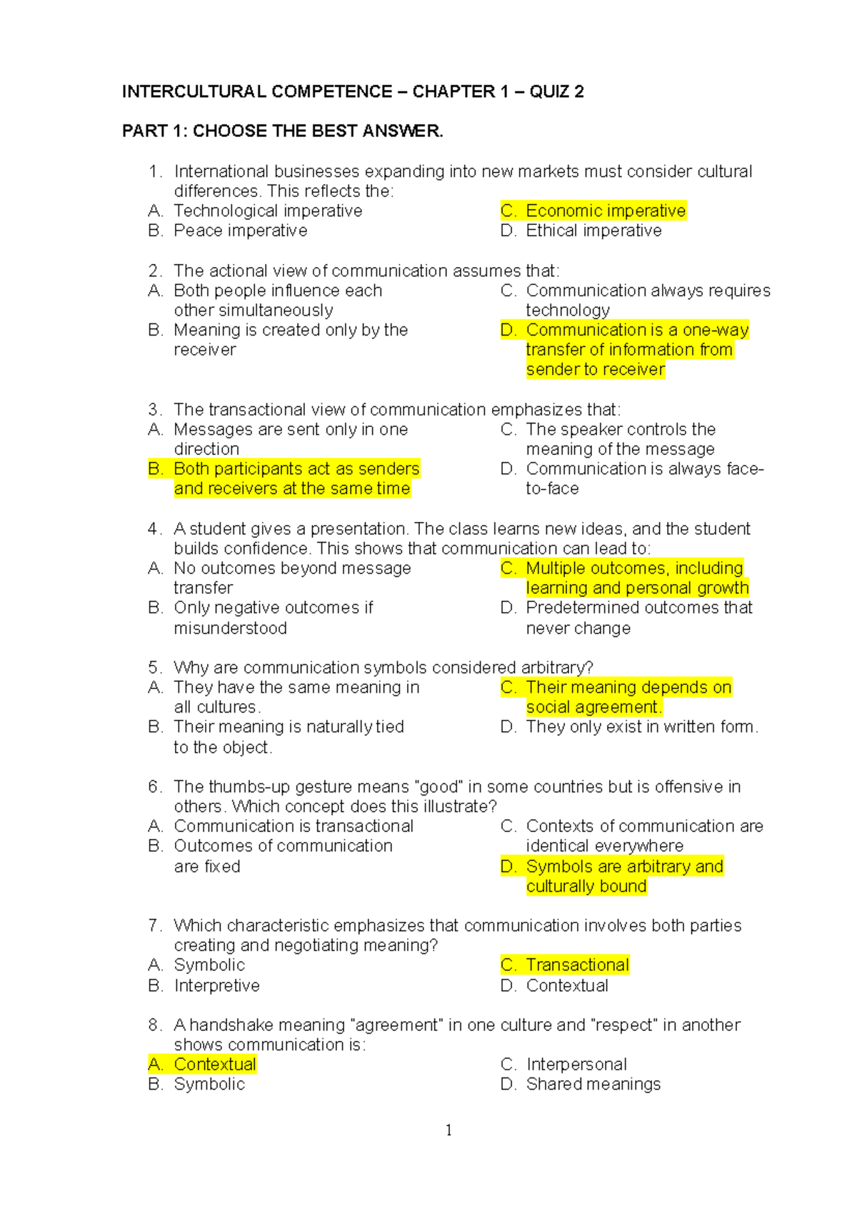 IC Chapter 1 Quiz 2: Intercultural Competence Questions - Studocu
