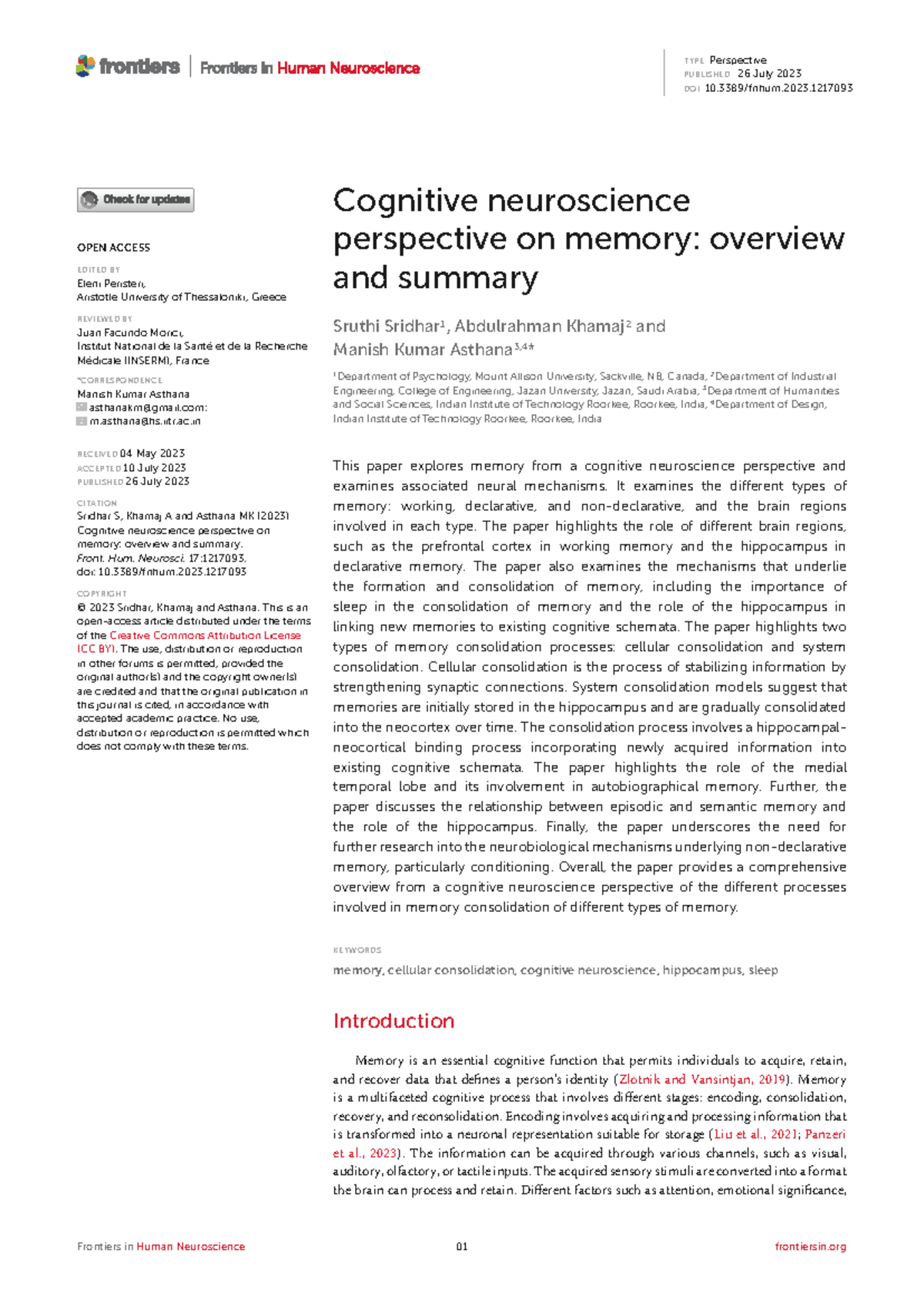 Cognitive Neuroscience Perspective on Memory: Overview & Summary ...