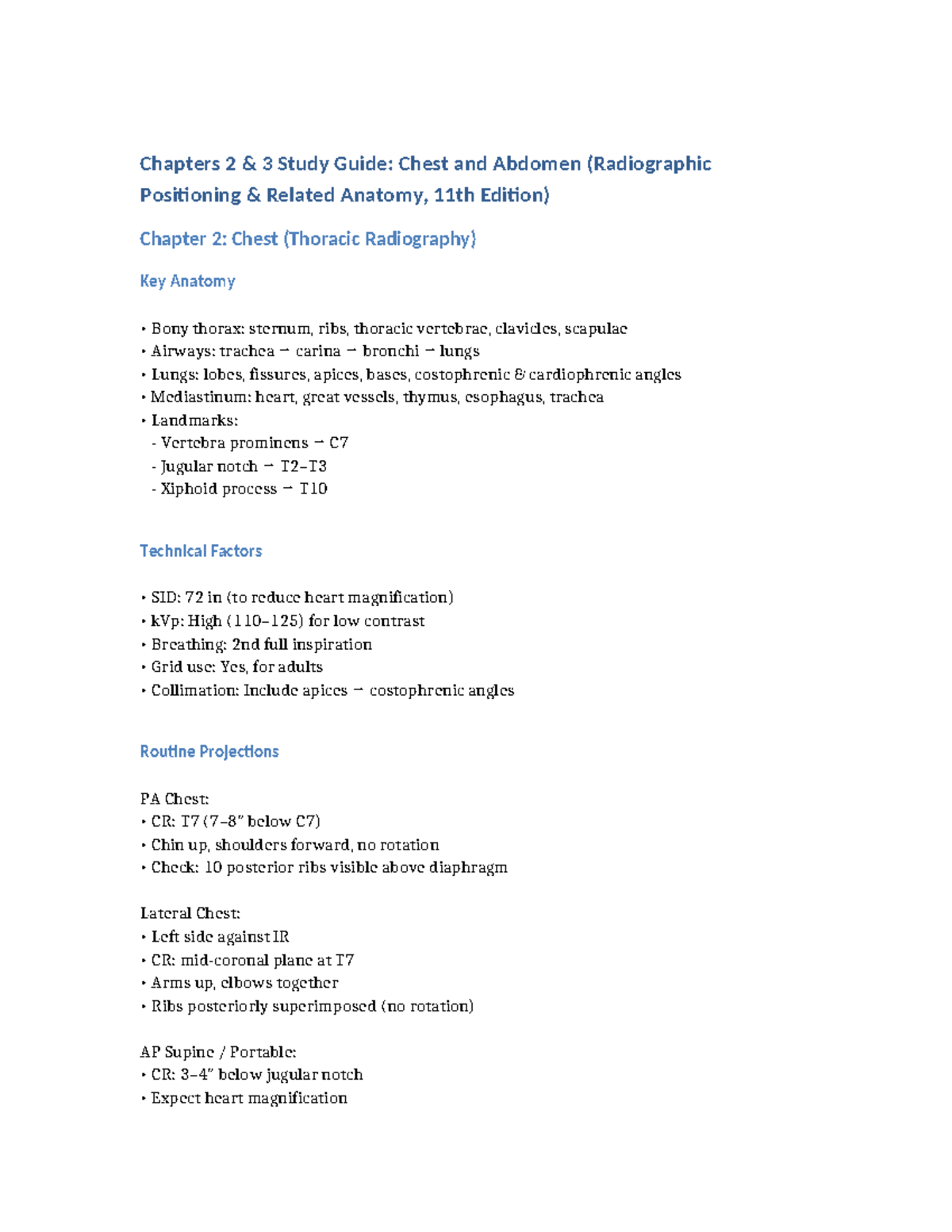 Ch 11 Radiographic Positioning Study Guide: Ch 2 & 3 Chest & Abdomen ...