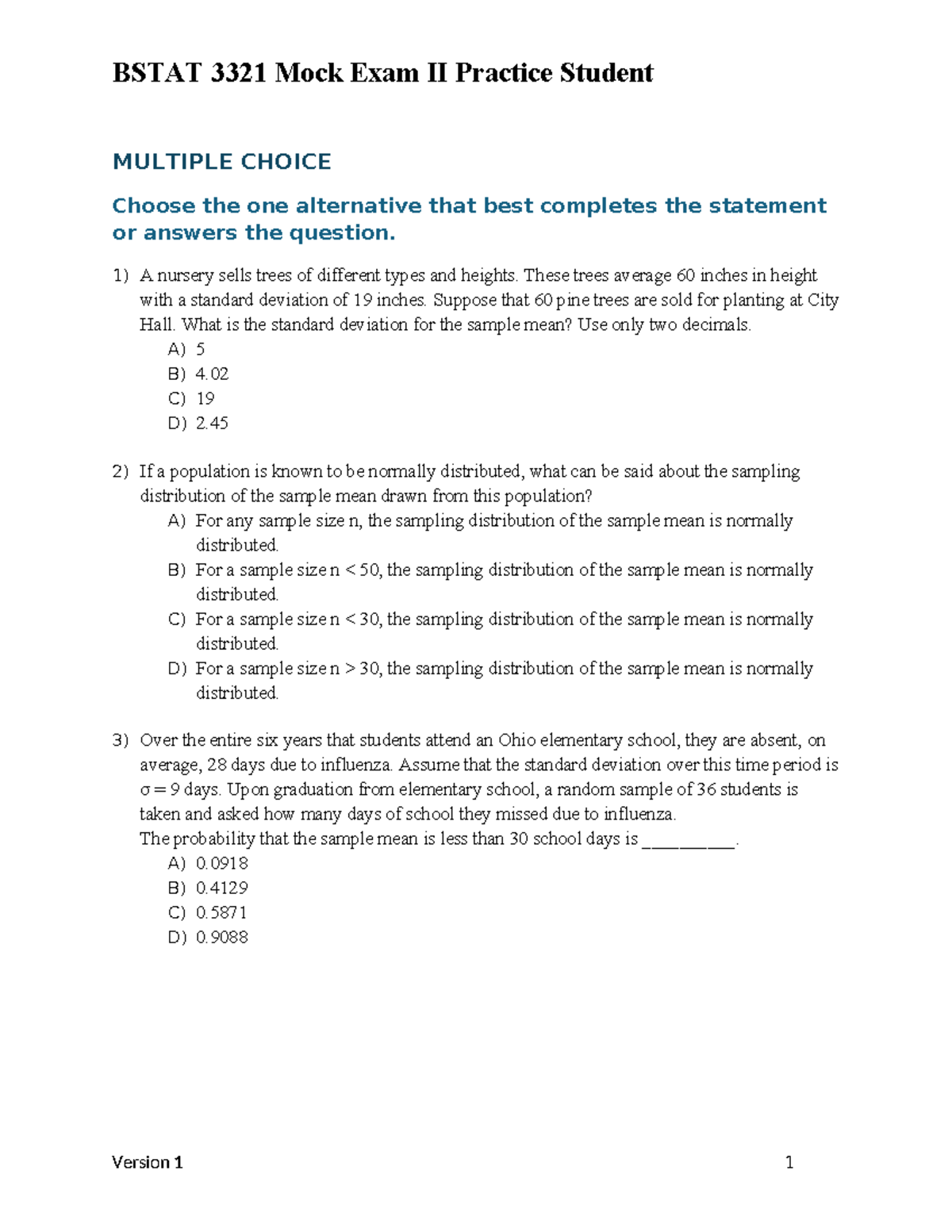 BSTAT 3321 Mock Exam II Practice Questions and Answers - Studocu