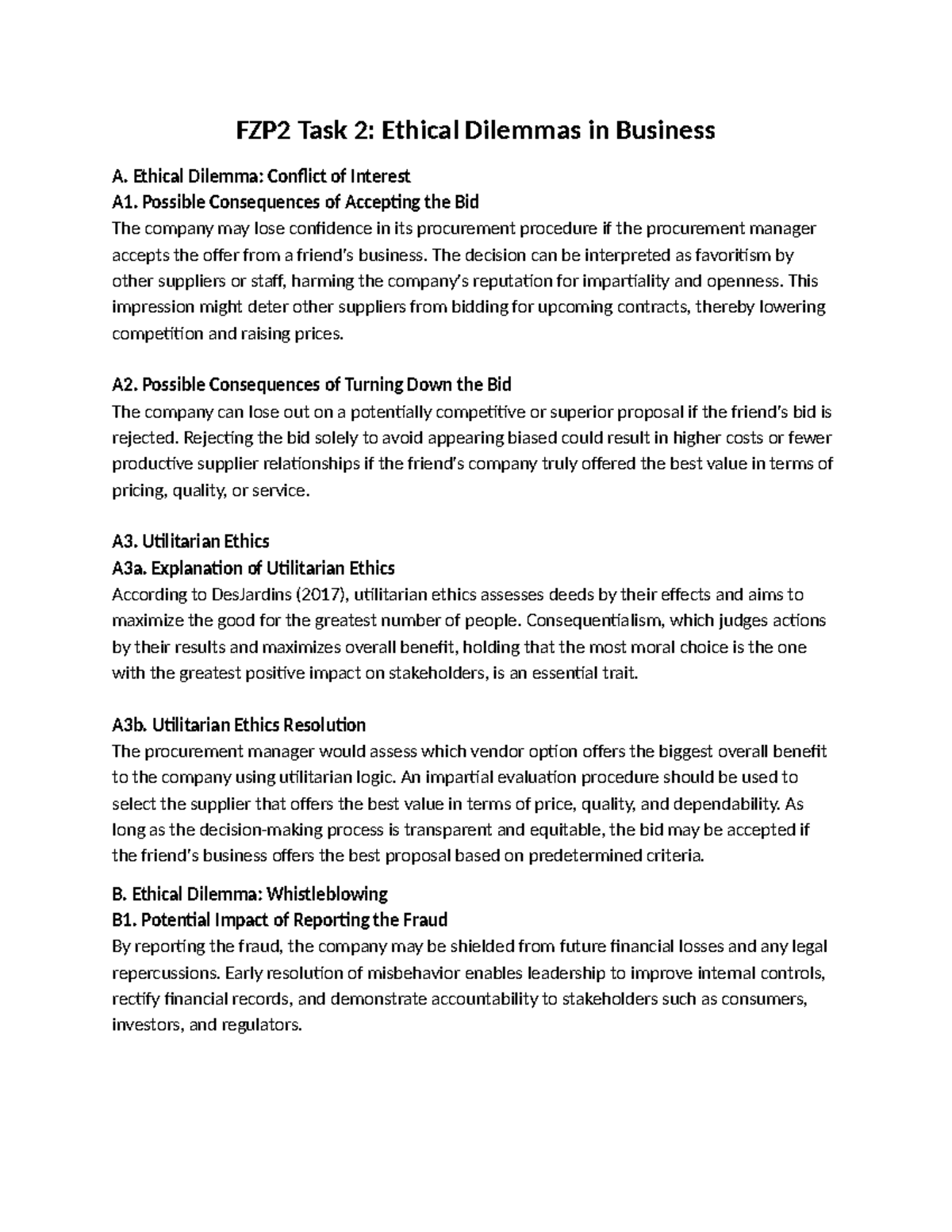 FZP2 Task 2: Analyzing Ethical Dilemmas in Business Practices - Studocu