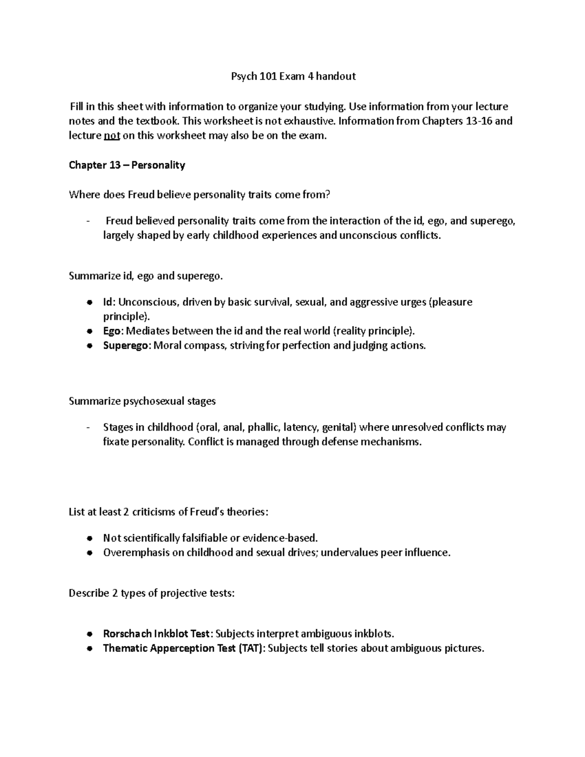Psych 101 Final Exam Review: Chapters 13-16 Study Guide - Studocu