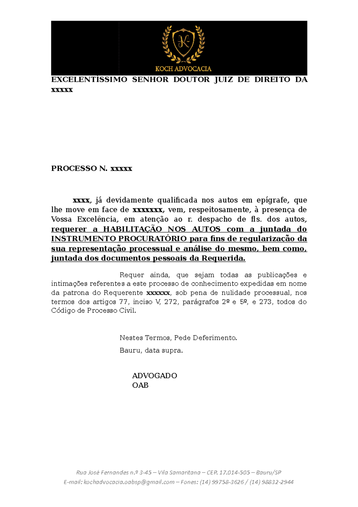 Modelo Habilitação e juntada de Procuração - EXCELENTÍSSIMO SENHOR ...