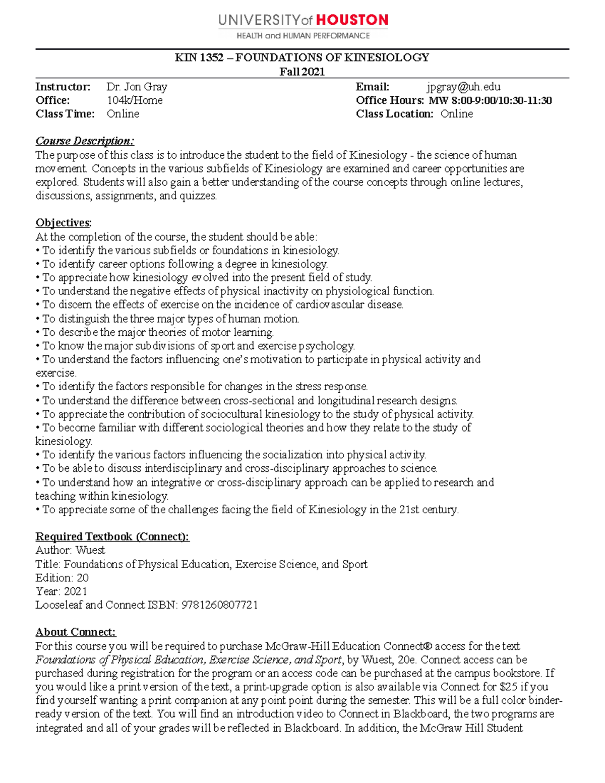 KIN 1352 Fall 2021 Course Syllabus and Schedule Overview - Studocu