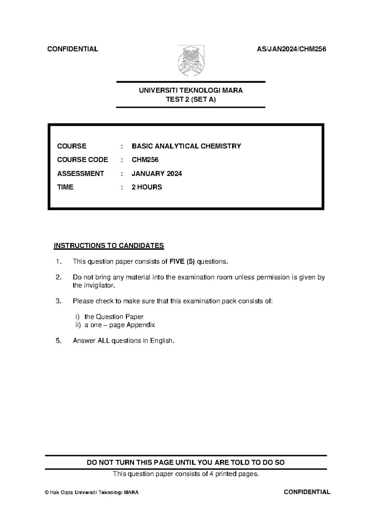 JAN 2024 TEST 2 CHM256 Basic Analytical Chemistry Question Paper SET A ...