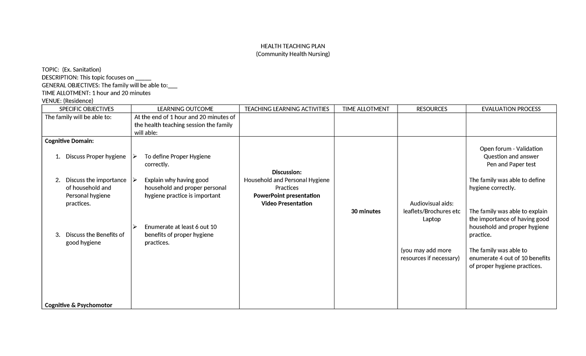HEALTH TEACHING PLAN: Sanitation in Community Health Nursing - Studocu