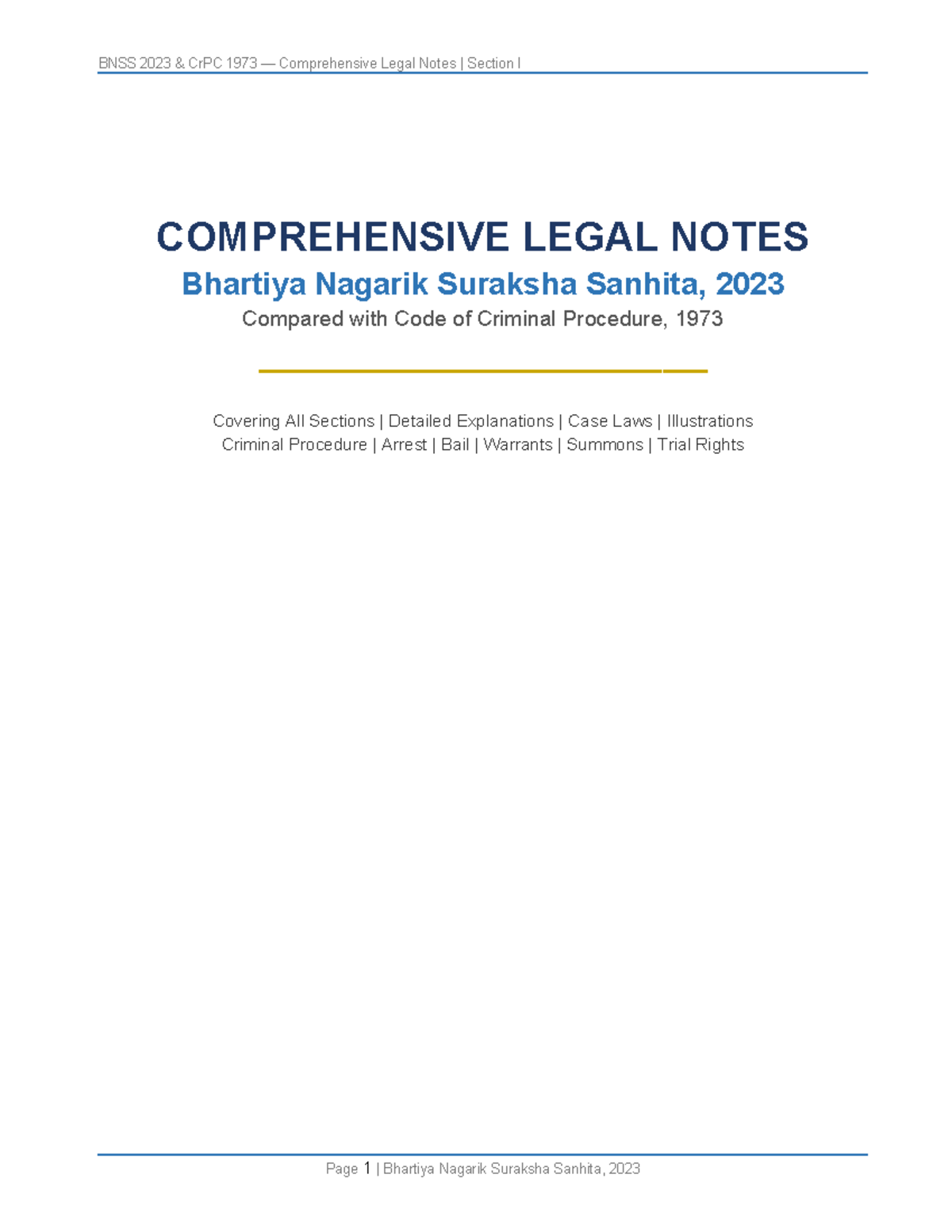 BNSS 2023 CrPC 1973 Section I Comprehensive Legal Study Notes - Studocu