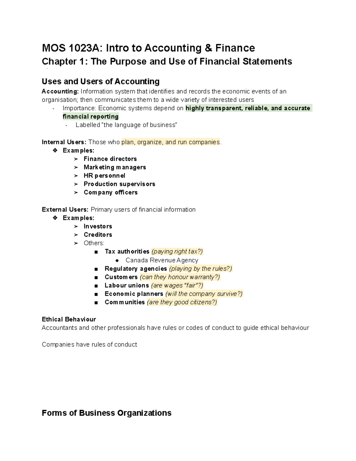 MOS 1023A Mid-Term 1 Notes - MOS 1023A: Intro to Accounting & Finance ...