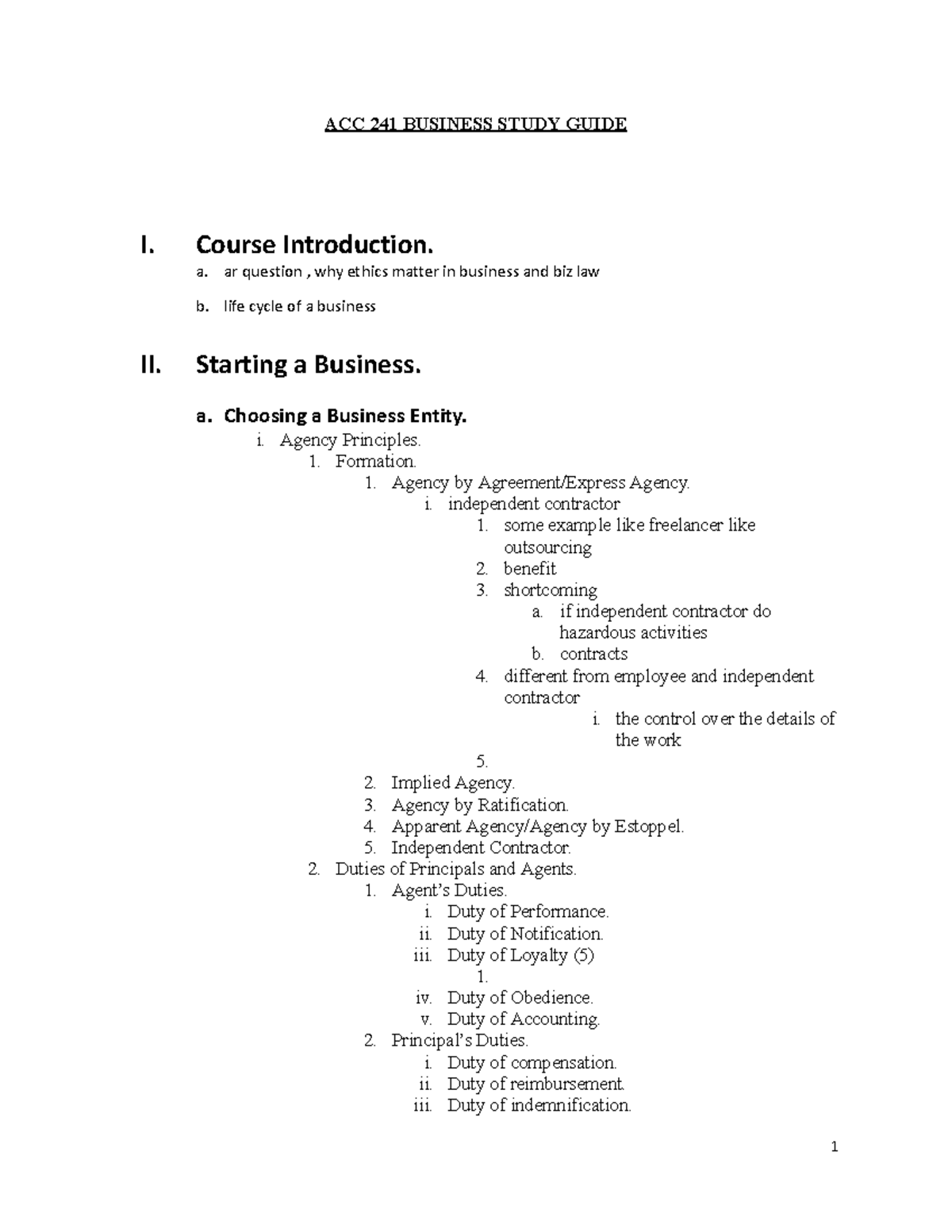 ACC 241 business study guide: ethics, agency, and business law concepts ...