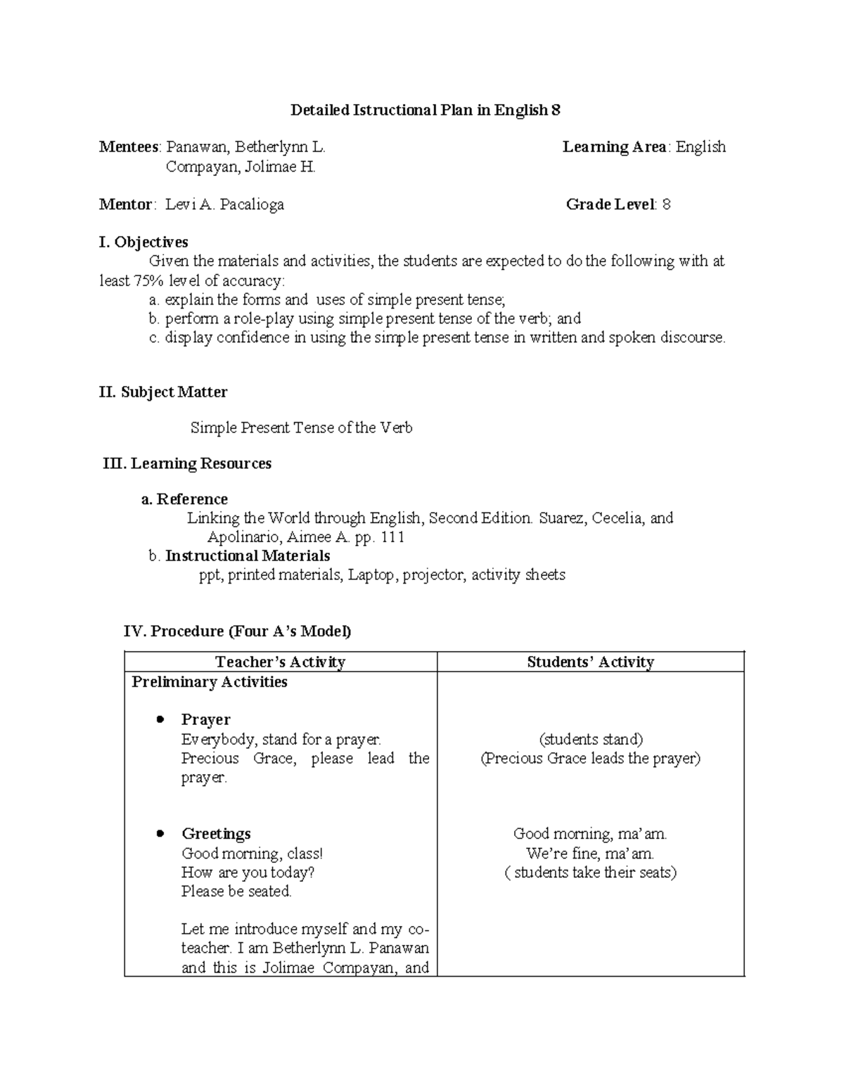 English 8: Simple Present Tense 4As Lesson Plan and Activities - Studocu
