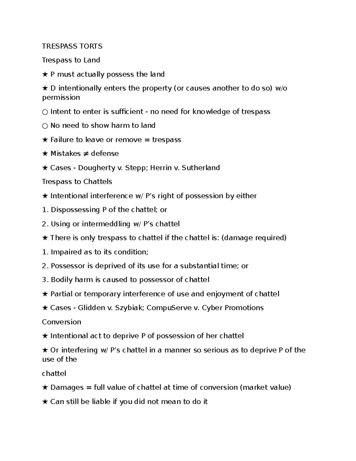 Advanced Torts Outline: Key Concepts and Case Law Summary - Studocu