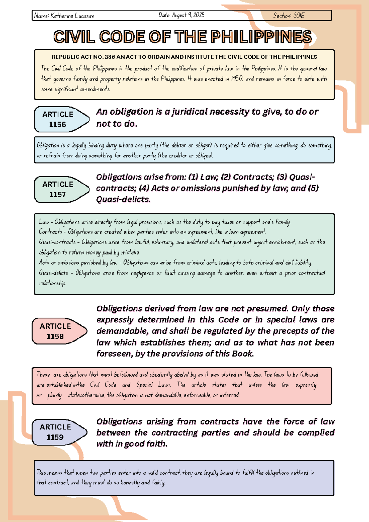 CIVIL 301E: Provisions on Law and Obligations in the Civil Code - Studocu