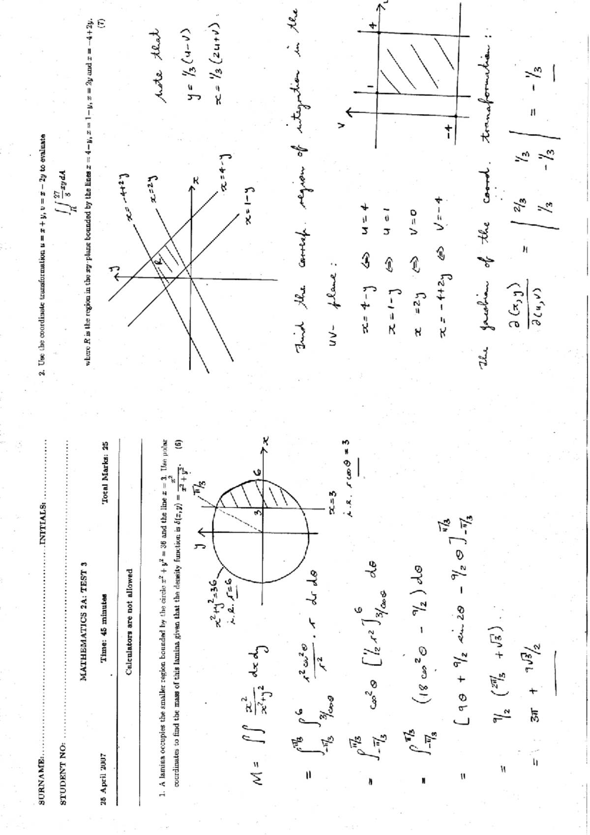 Test 3: Mathematics 2A Coordinate Transformation & Integration ...